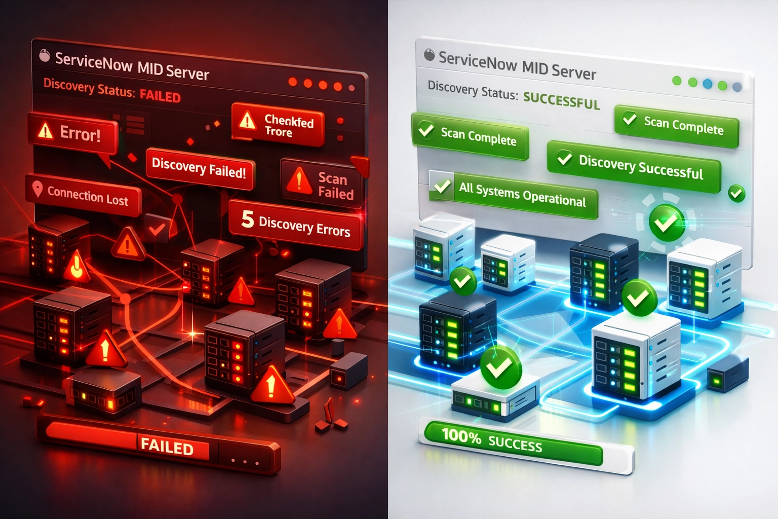 ServiceNow Discovery error dashboard comparing failed runs with successful ITOM monitoring
