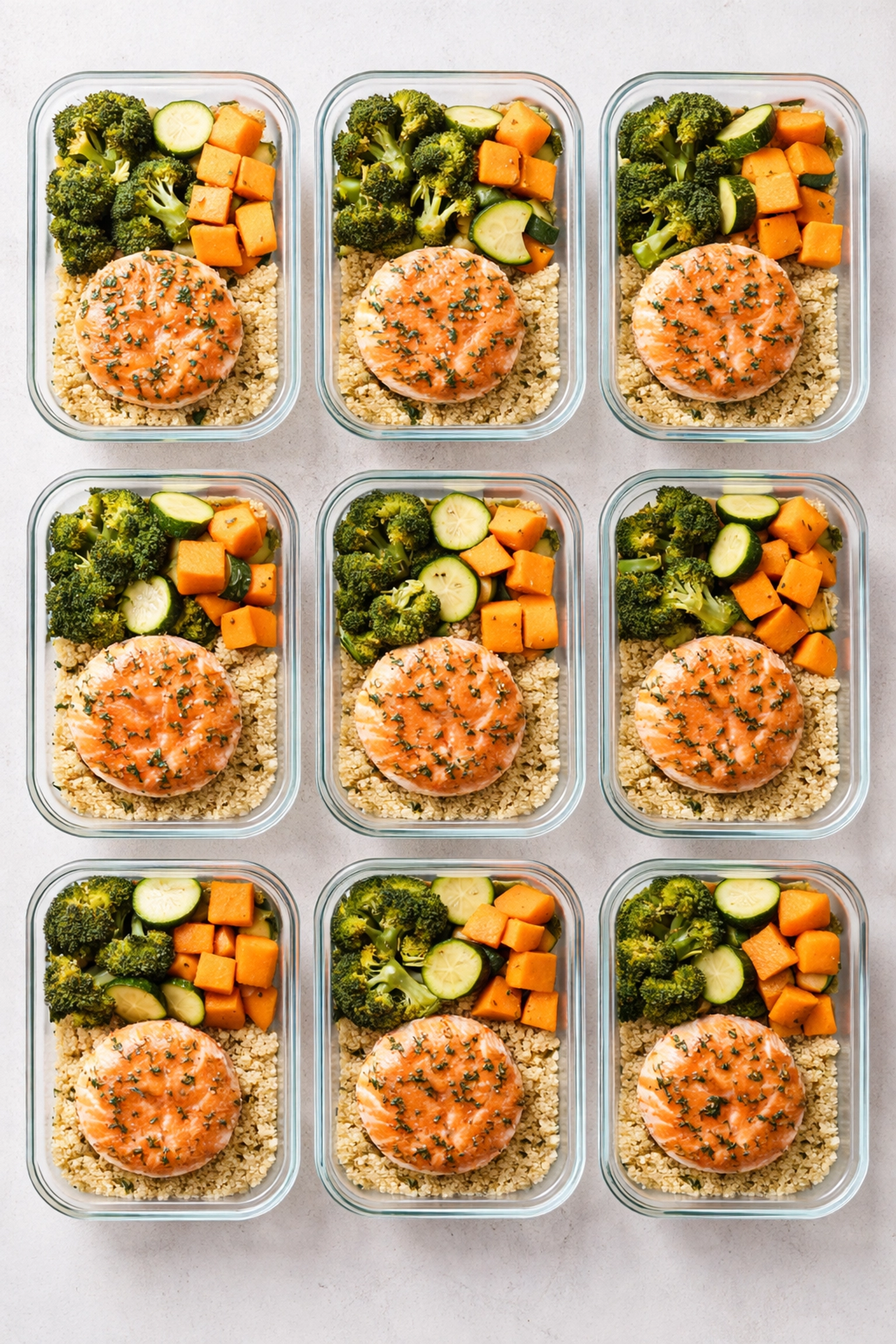 Meal prep containers with salmon fish cakes, roasted vegetables, and quinoa, an easy high-protein lunch option