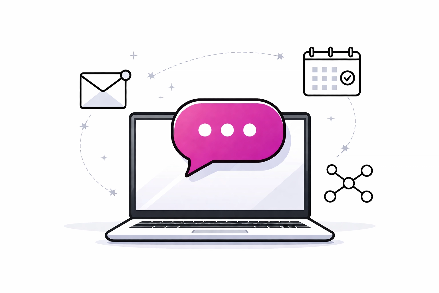 Laptop with chatbot, email, and calendar icons showing automated lead capture system