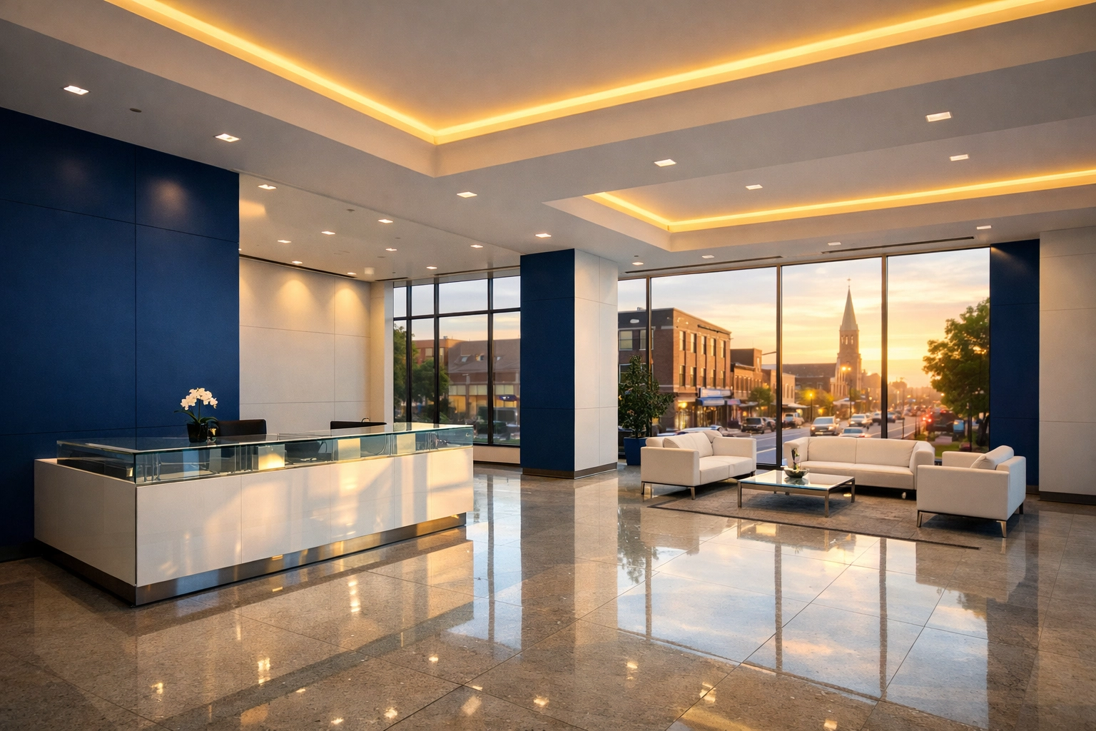 Professional janitorial services for a modern Fitchburg business lobby with polished floors and clean surfaces.