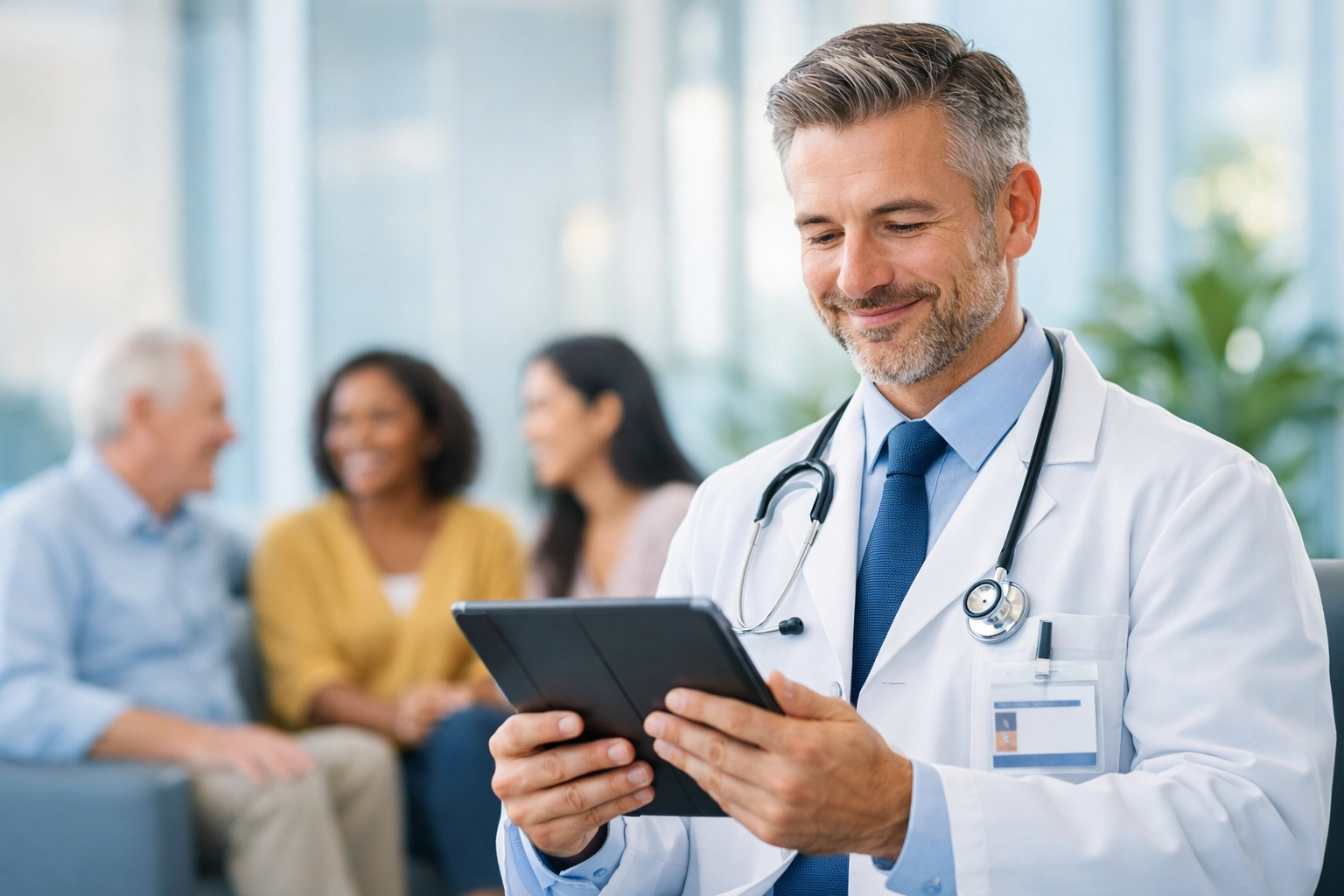 Doctor using AI clinical documentation tool while patients wait comfortably in modern medical office