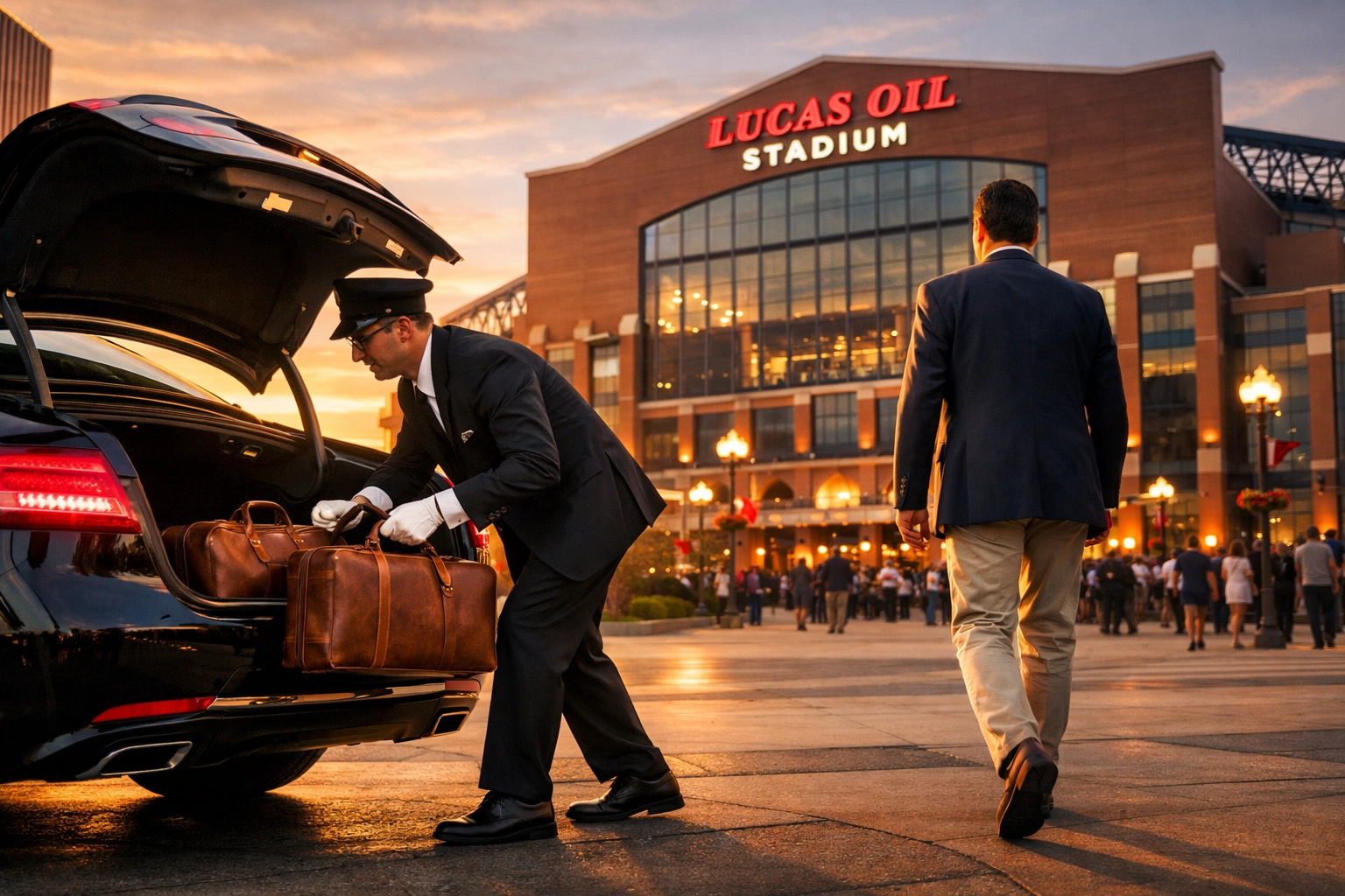 Professional chauffeur assisting a client with luggage at a luxury Indianapolis venue entrance.