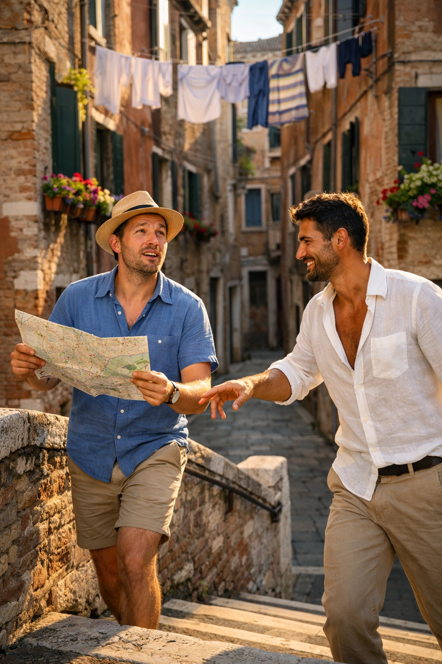 Two men meet on a Venice bridge, illustrating a popular strangers-to-lovers trope in gay contemporary romance.