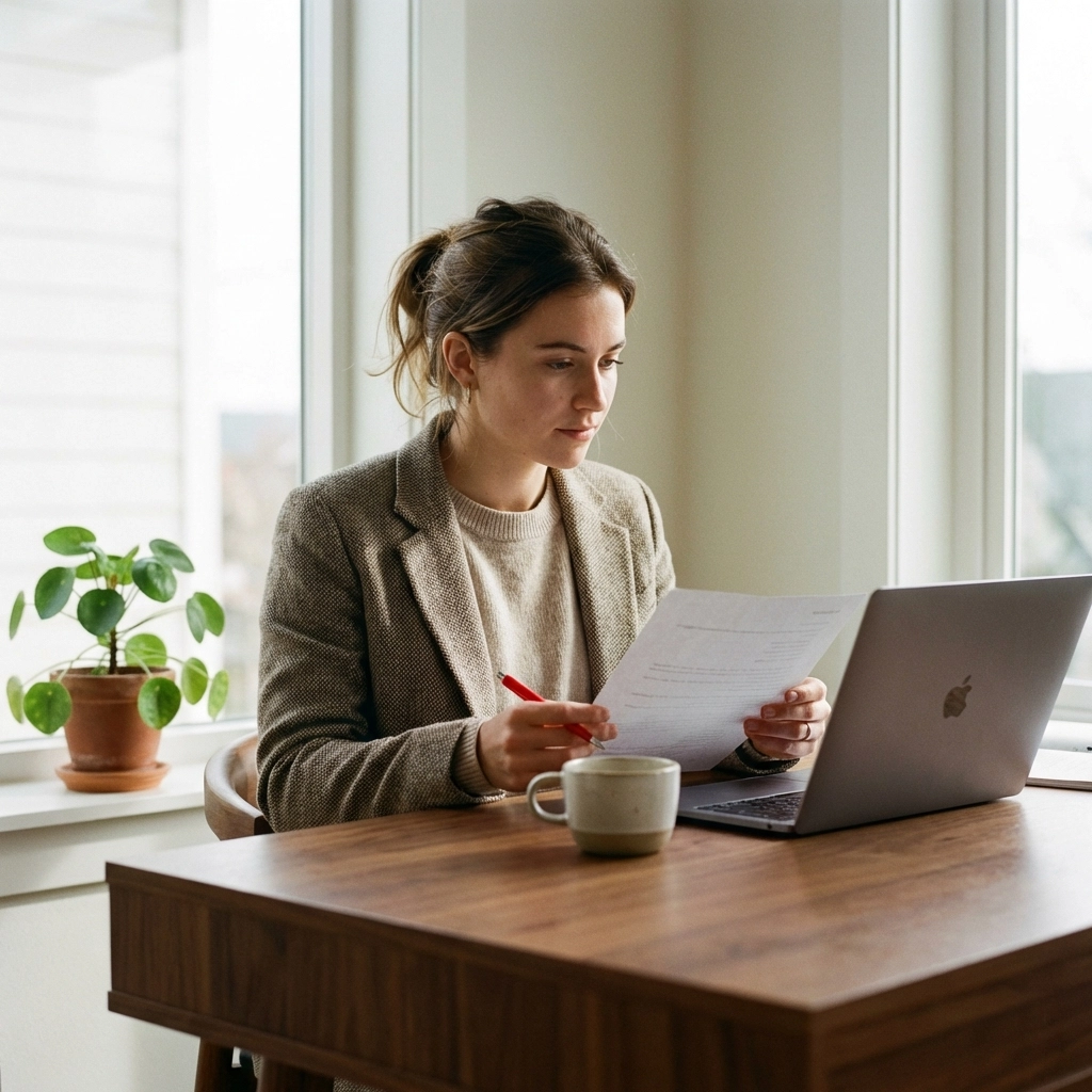 Focused professional woman reviewing content drafts for brand authenticity in a home office