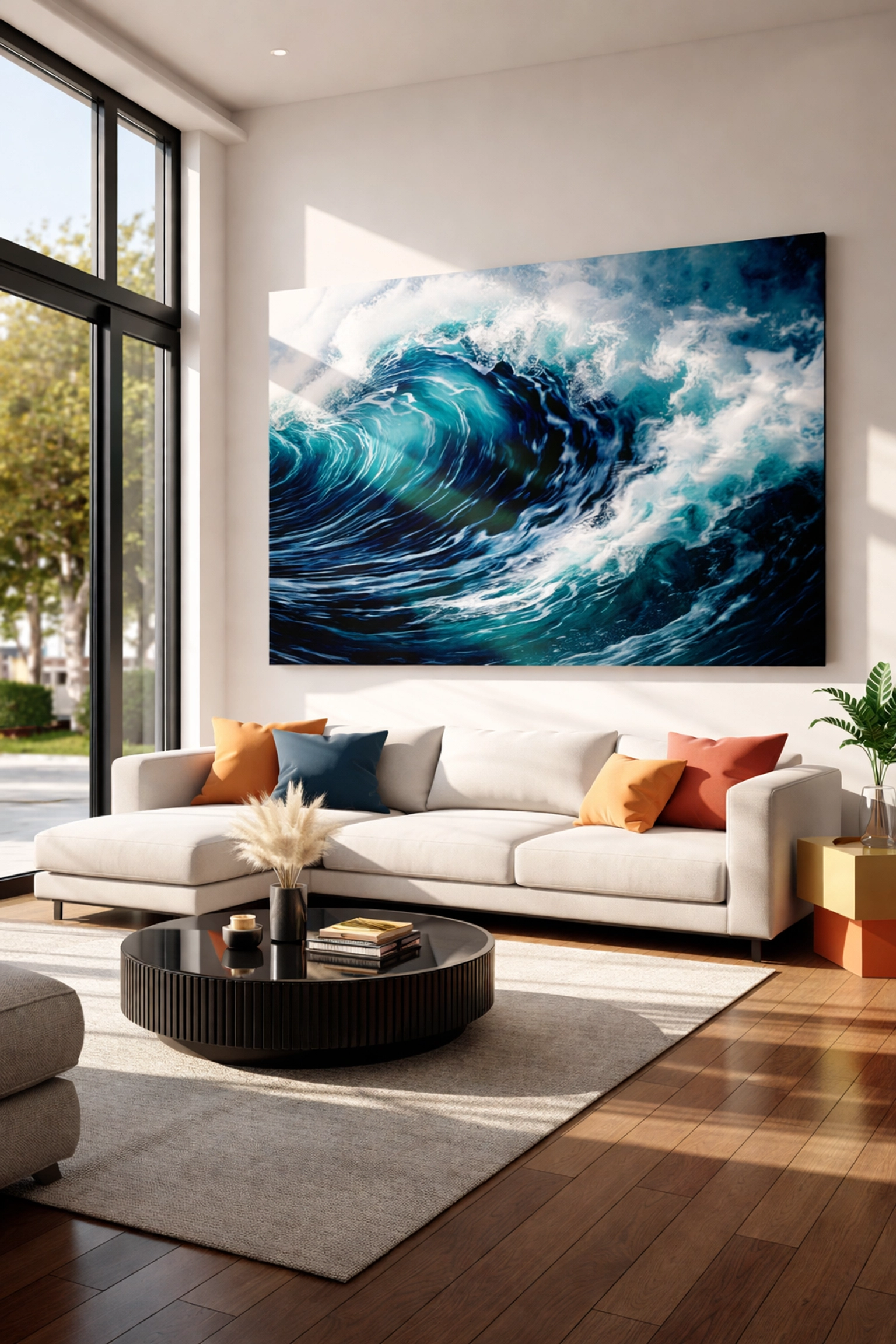 Modern living room featuring an oversized wall art canvas print of ocean waves, showcasing the impact of digital downloads in home decor.