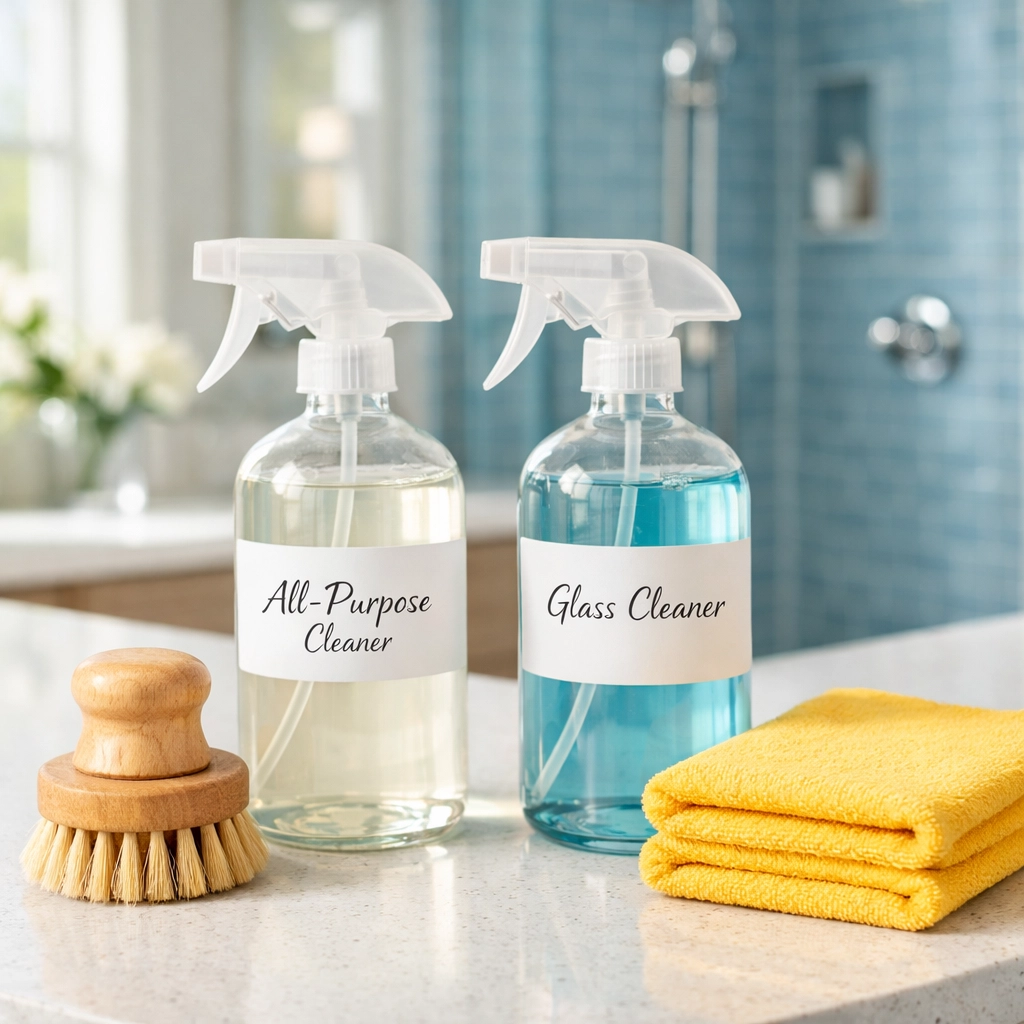 Eco-friendly residential cleaning Massachusetts supplies on a luxury white quartz countertop in a Dover home.
