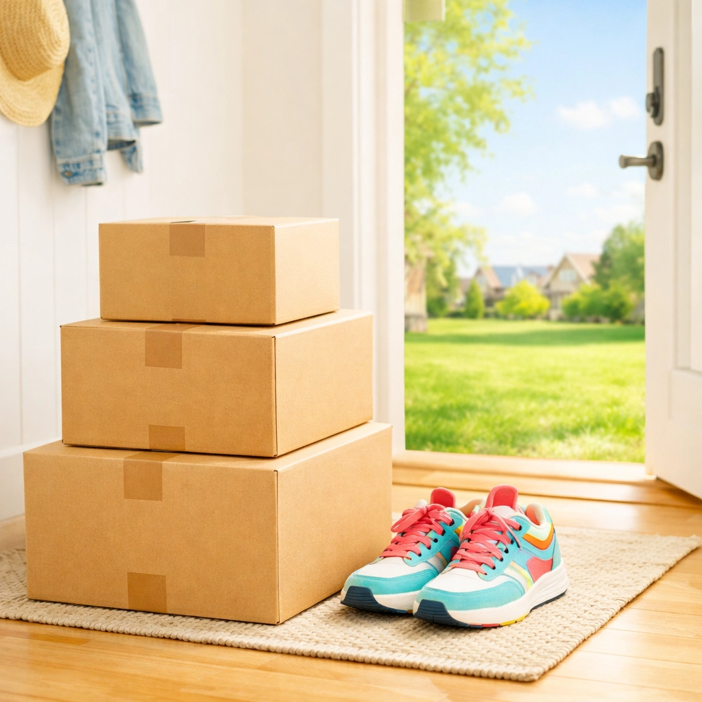 Organized moving boxes in a bright Cedar Valley home entryway ready for a move out clean.
