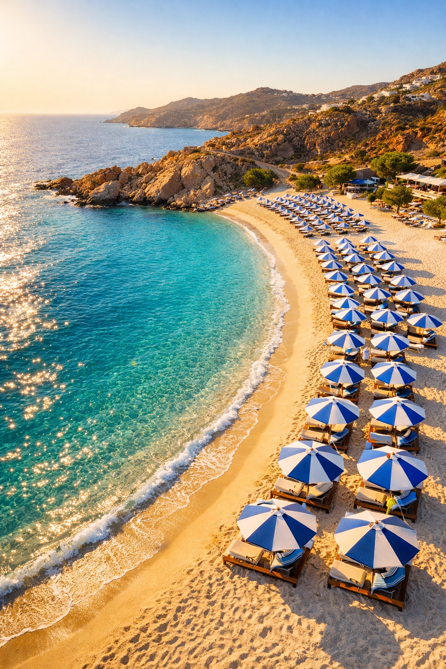 Aerial view of Elia Beach Mykonos showing white sand, turquoise water, and organized sun loungers