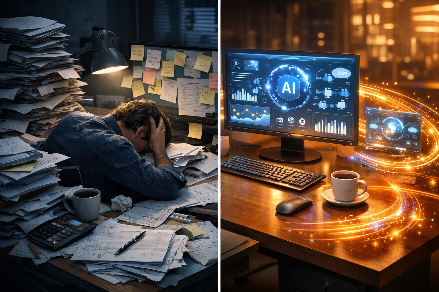 Office transformation showing manual paperwork replaced by AI automation and digital workflows