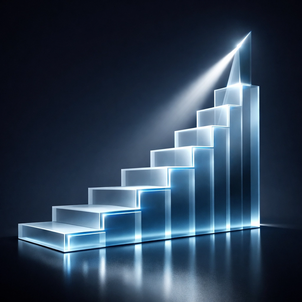 A rising geometric staircase representing strategic growth and operational leverage through technology.