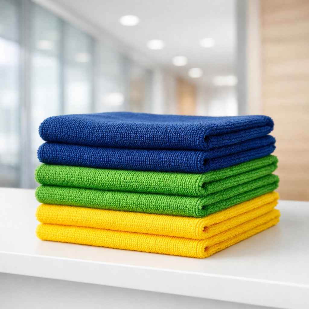 Color-coded microfiber cloths for sanitary commercial cleaning and cross-contamination prevention.