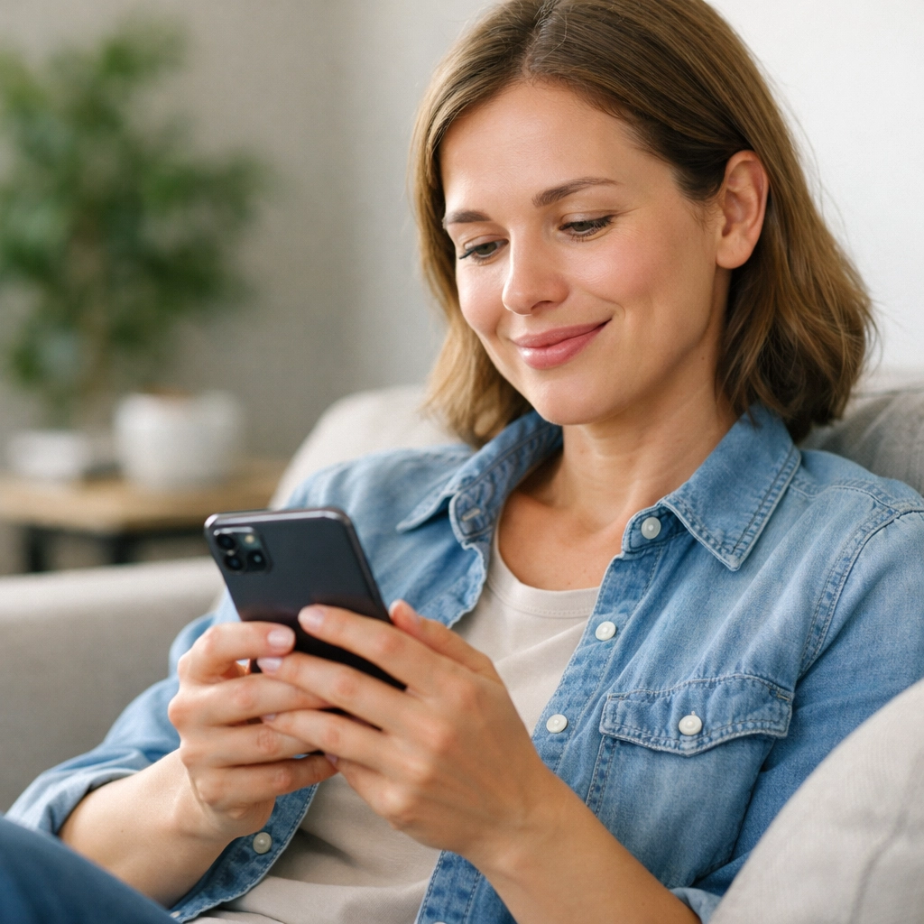 A person feeling relieved while applying for a payday loan online in Canada via smartphone.