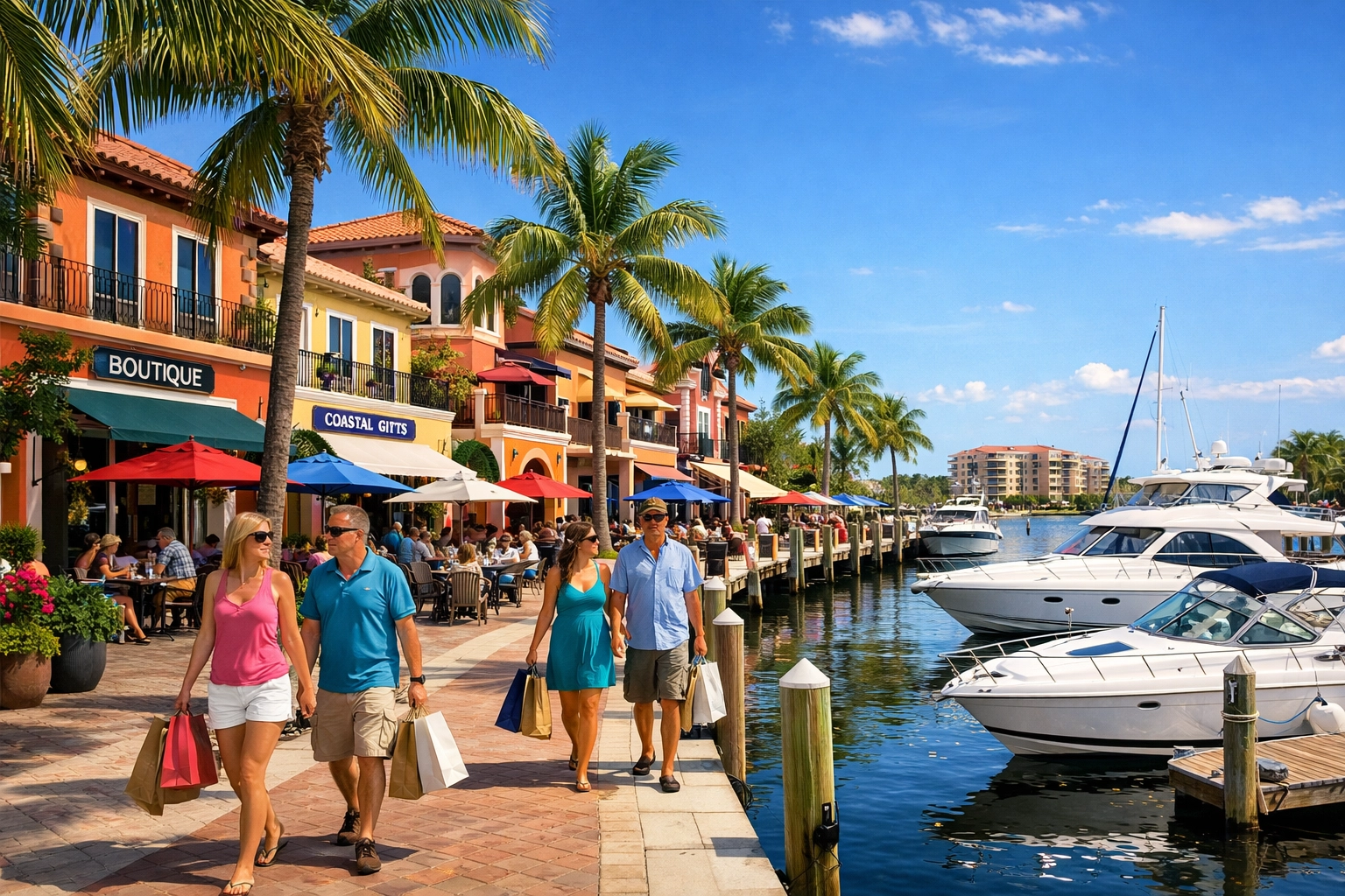 Cape Harbour waterfront marina with shops and restaurants in Cape Coral Florida