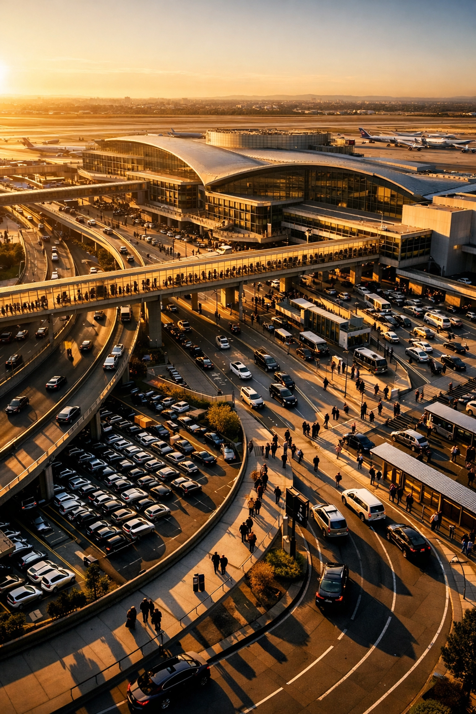 Aerial view of airport terminal and highways showing Super Bowl fan travel routes and OOH placement opportunities