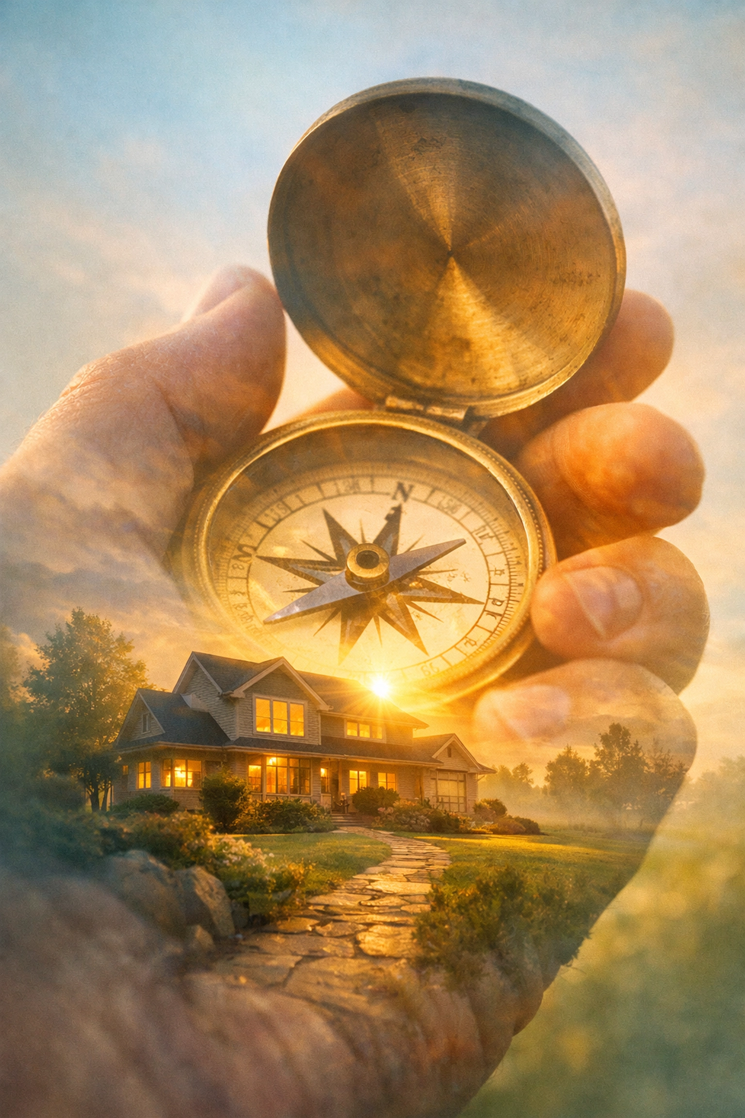 Hand holding a compass over a suburban home, symbolizing guiding real estate leads through their home search.
