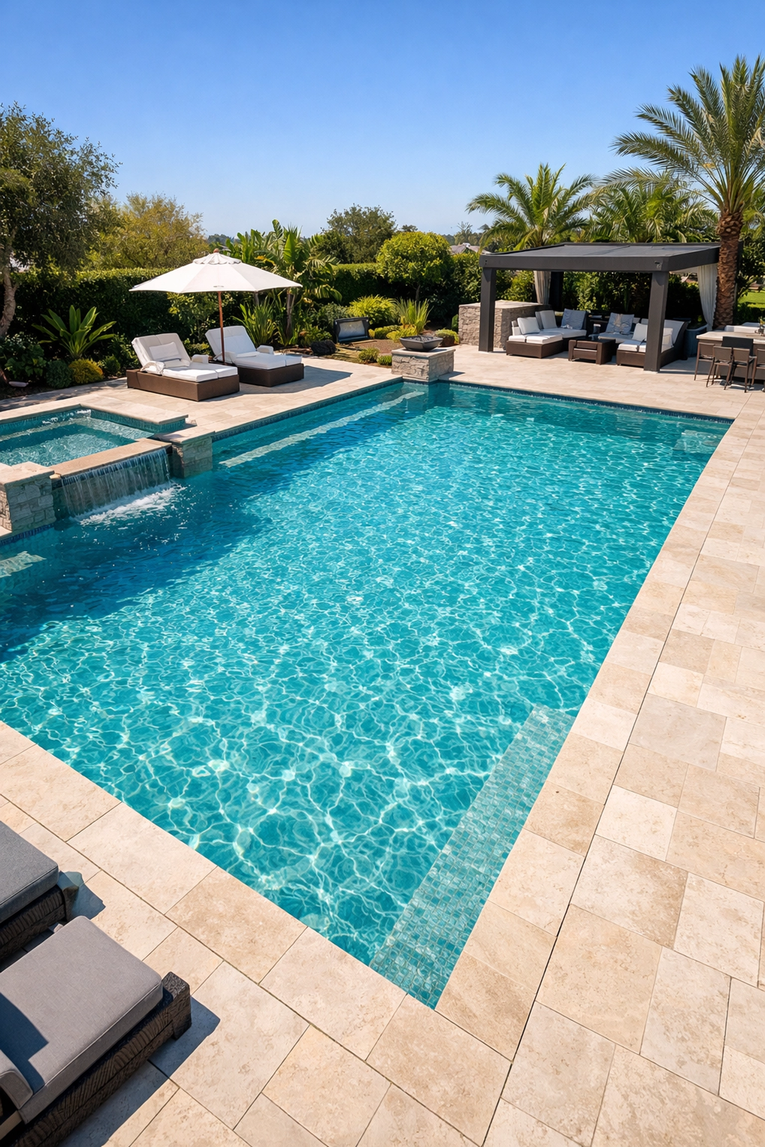 Crystal clear luxury swimming pool maintained by a professional pool cleaning service.