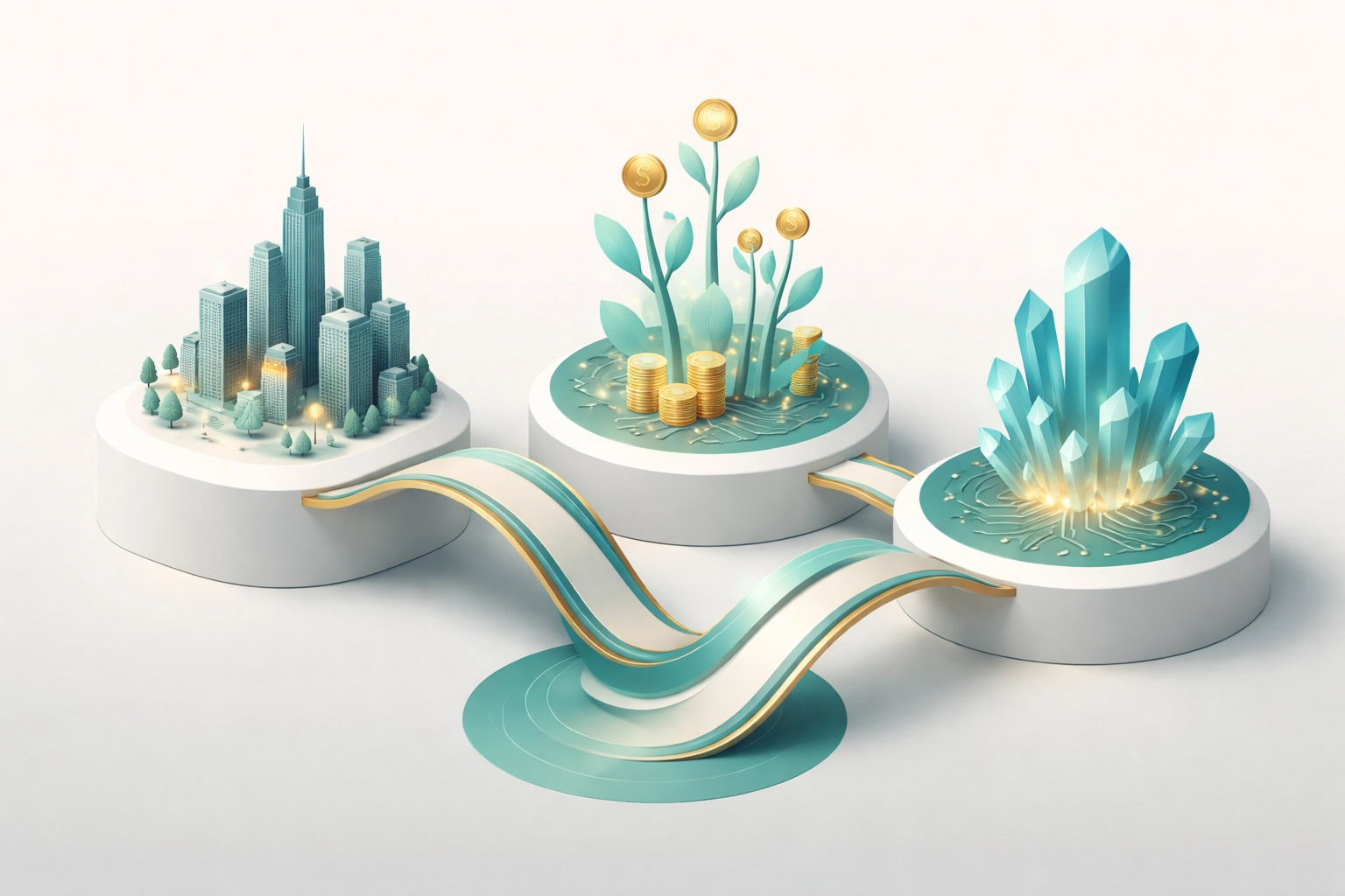 Three platforms connected by bridges, visualizing balanced portfolio strategies in private equity, real estate, and crypto.