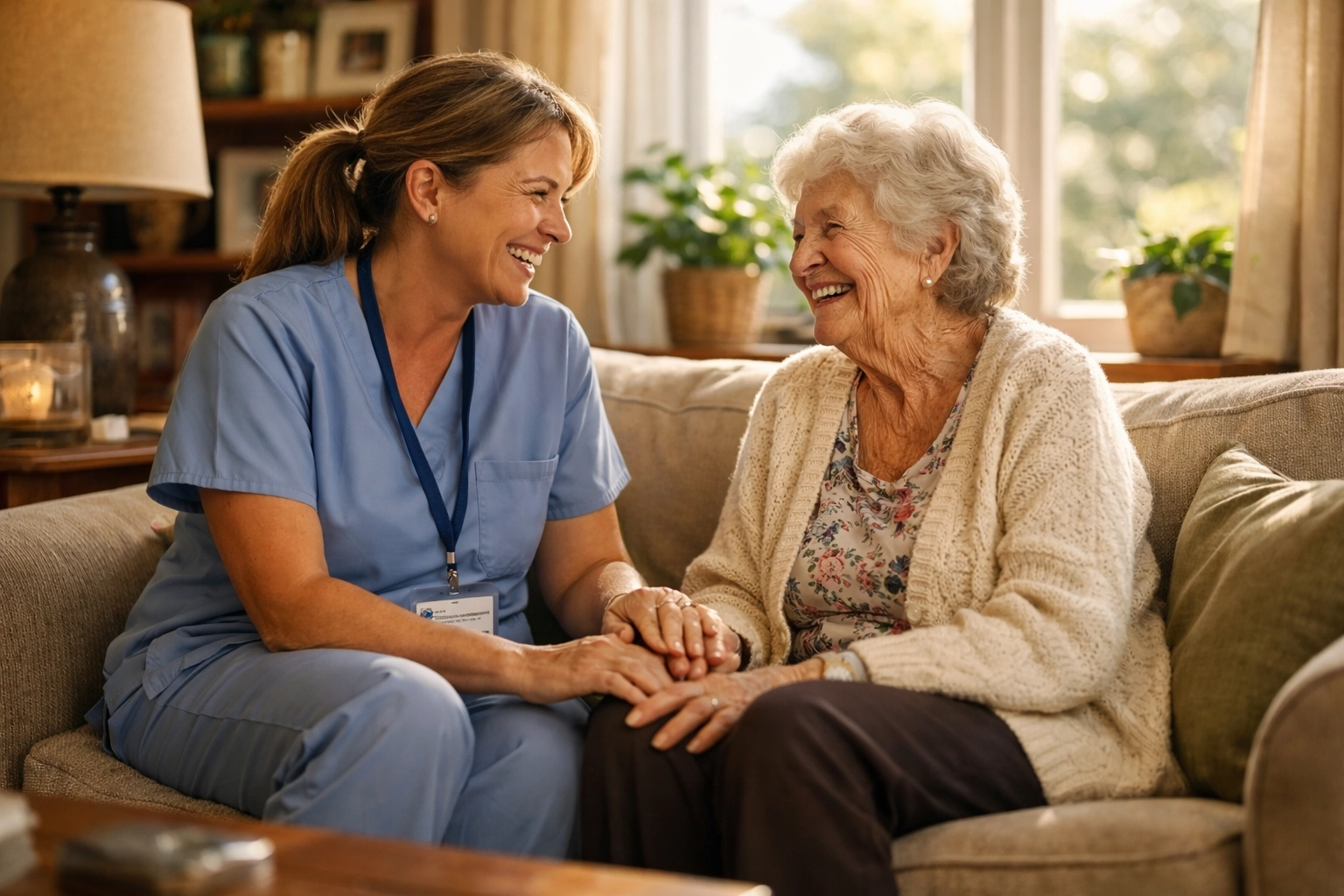 Professional respite caregiver visiting with smiling elderly woman at home
