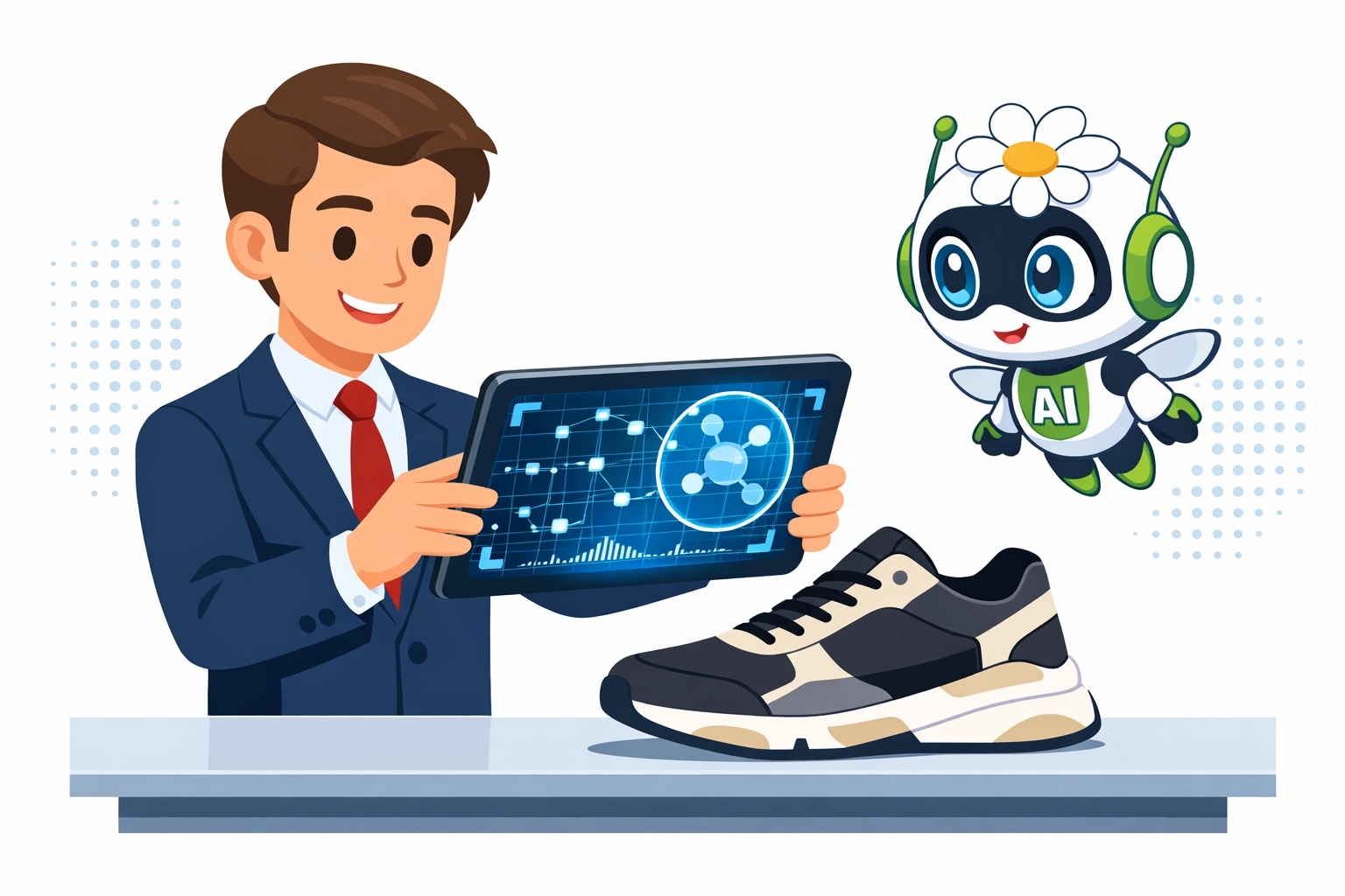 AI technology performing a microscopic scan to verify luxury sneaker authenticity.