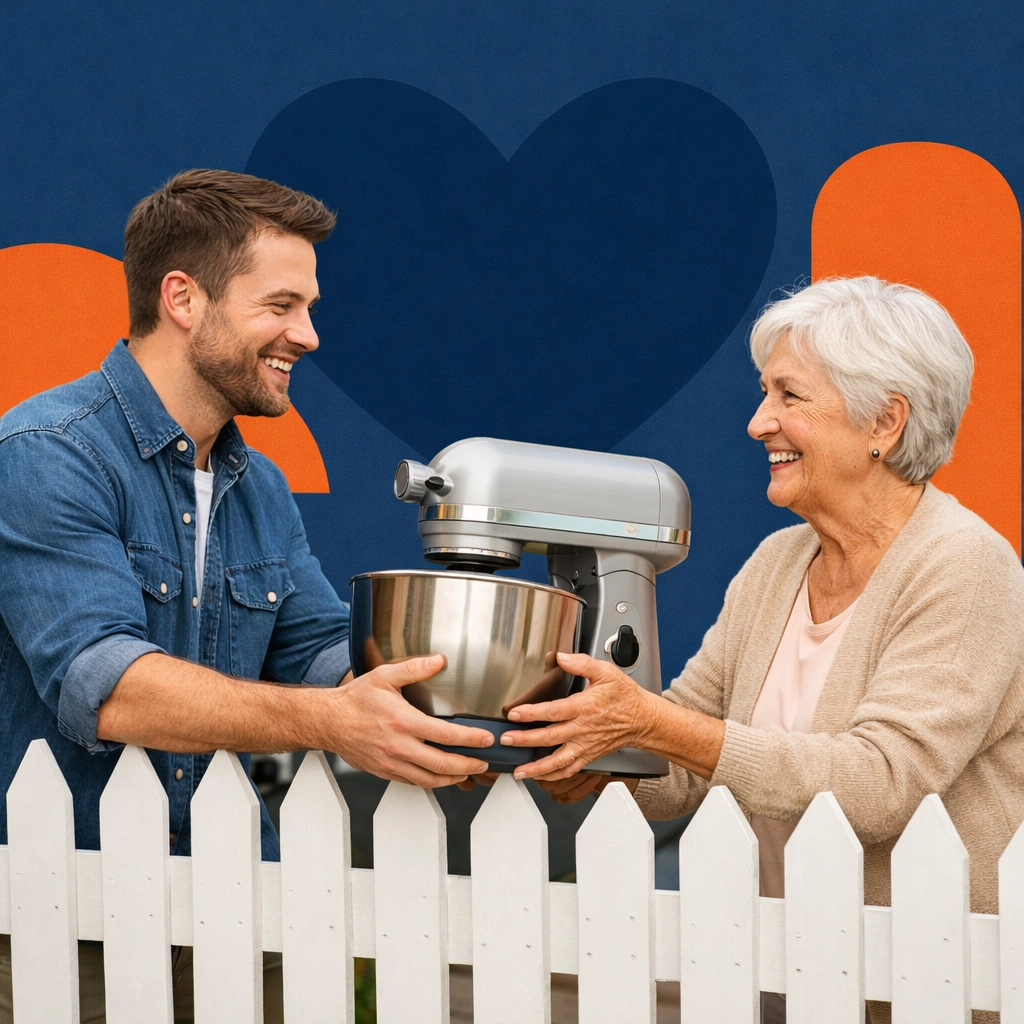 Neighbors in Woburn sharing a kitchen mixer, showcasing the community connection of Chartrflex.