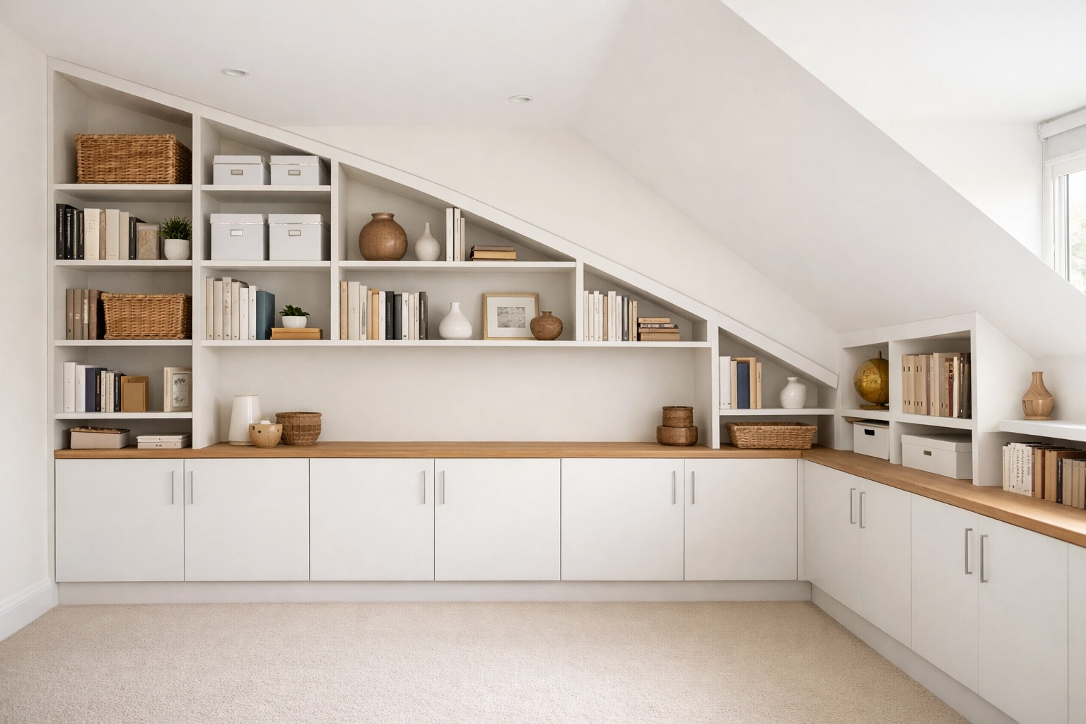 Bespoke fitted storage units following angled ceiling in Christchurch loft conversion