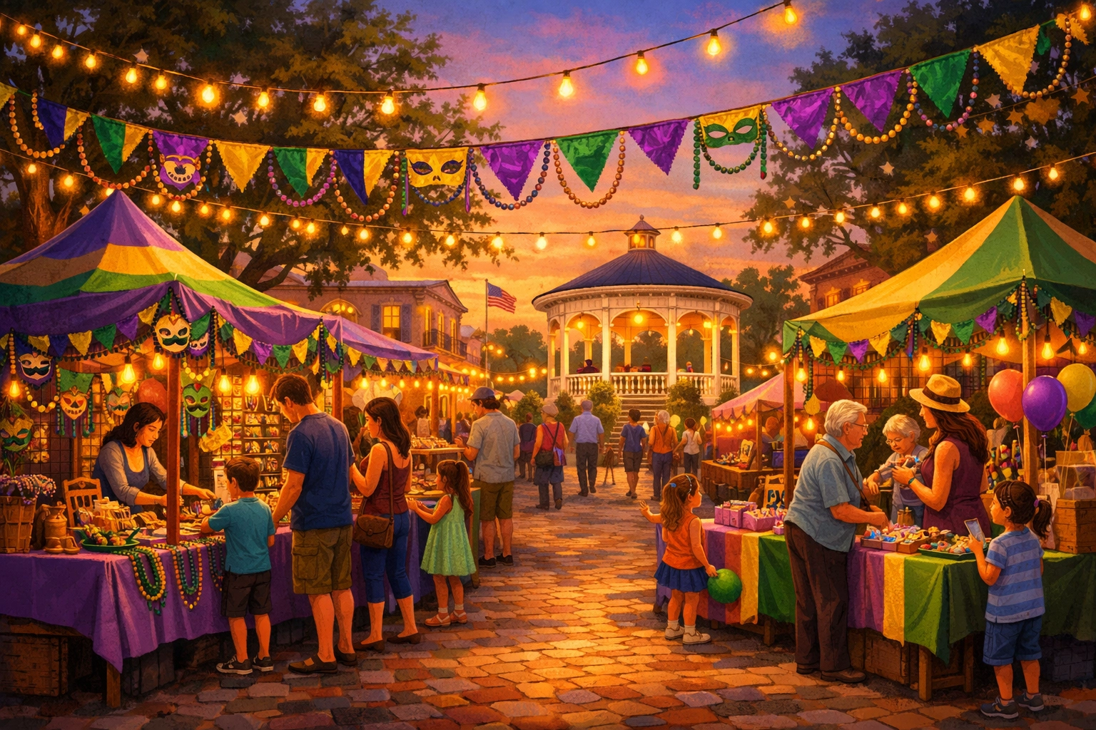 Third Thursday Mardi Gras festival in downtown Summerville with vendor tents and festive decorations