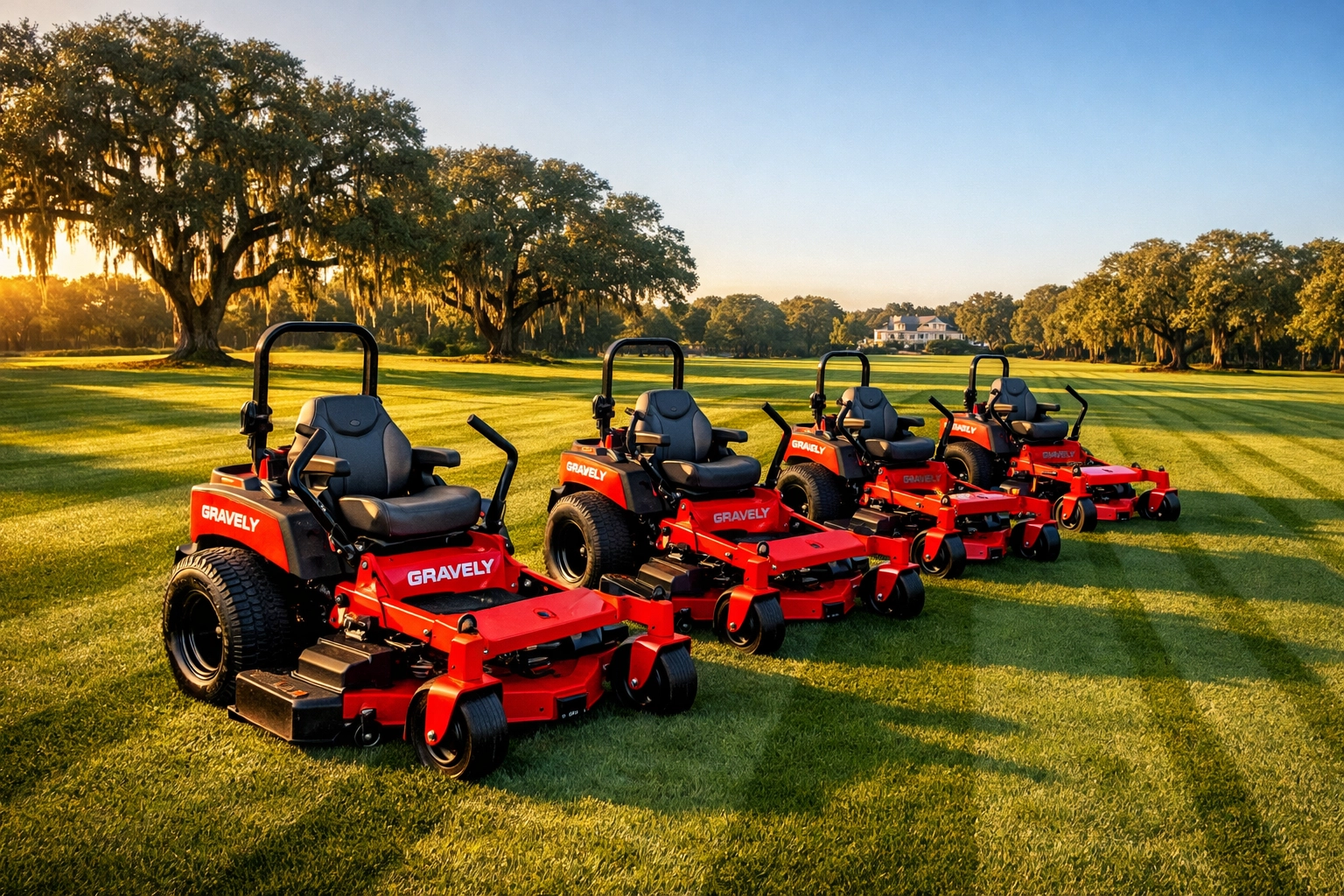 A fleet of red Gravely zero-turn mowers at Ocala Tractor, highlighting professional outdoor power equipment in Florida.
