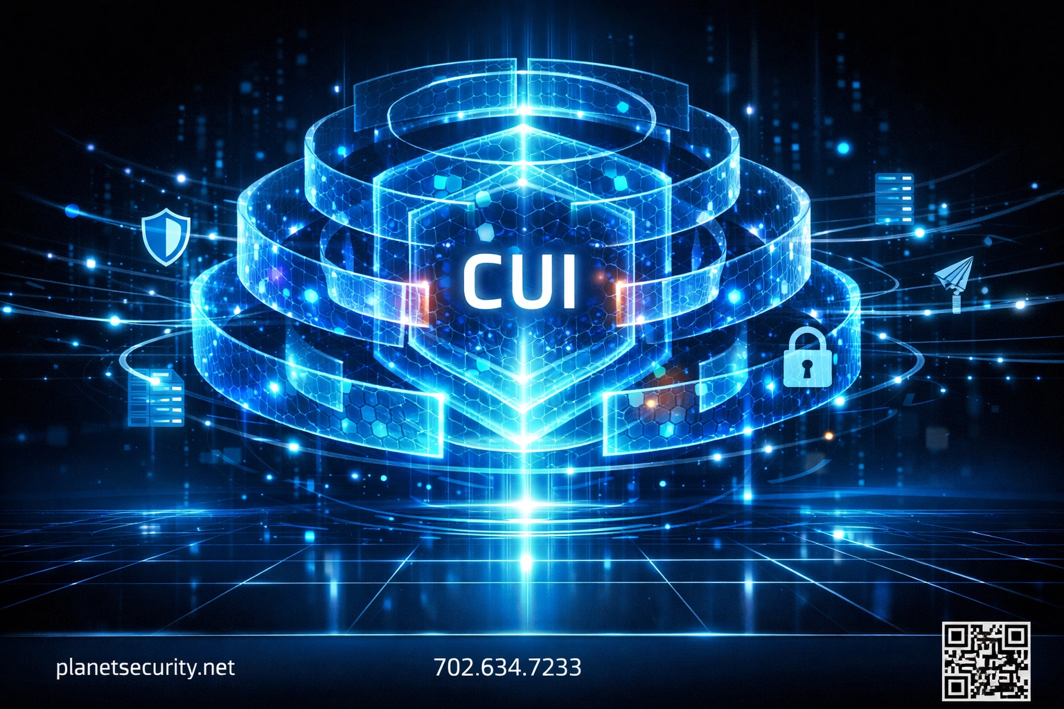 Futuristic digital shields protecting a CUI data core to illustrate CMMC security protection assets.