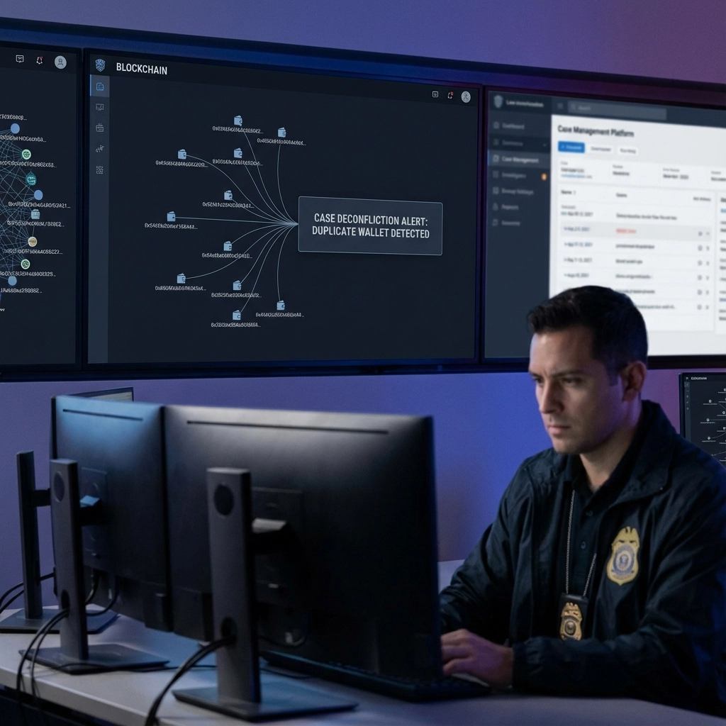 Law enforcement team coordinating crypto case deconfliction on a secure dashboard — crypto case coordination, blockchain investigation software