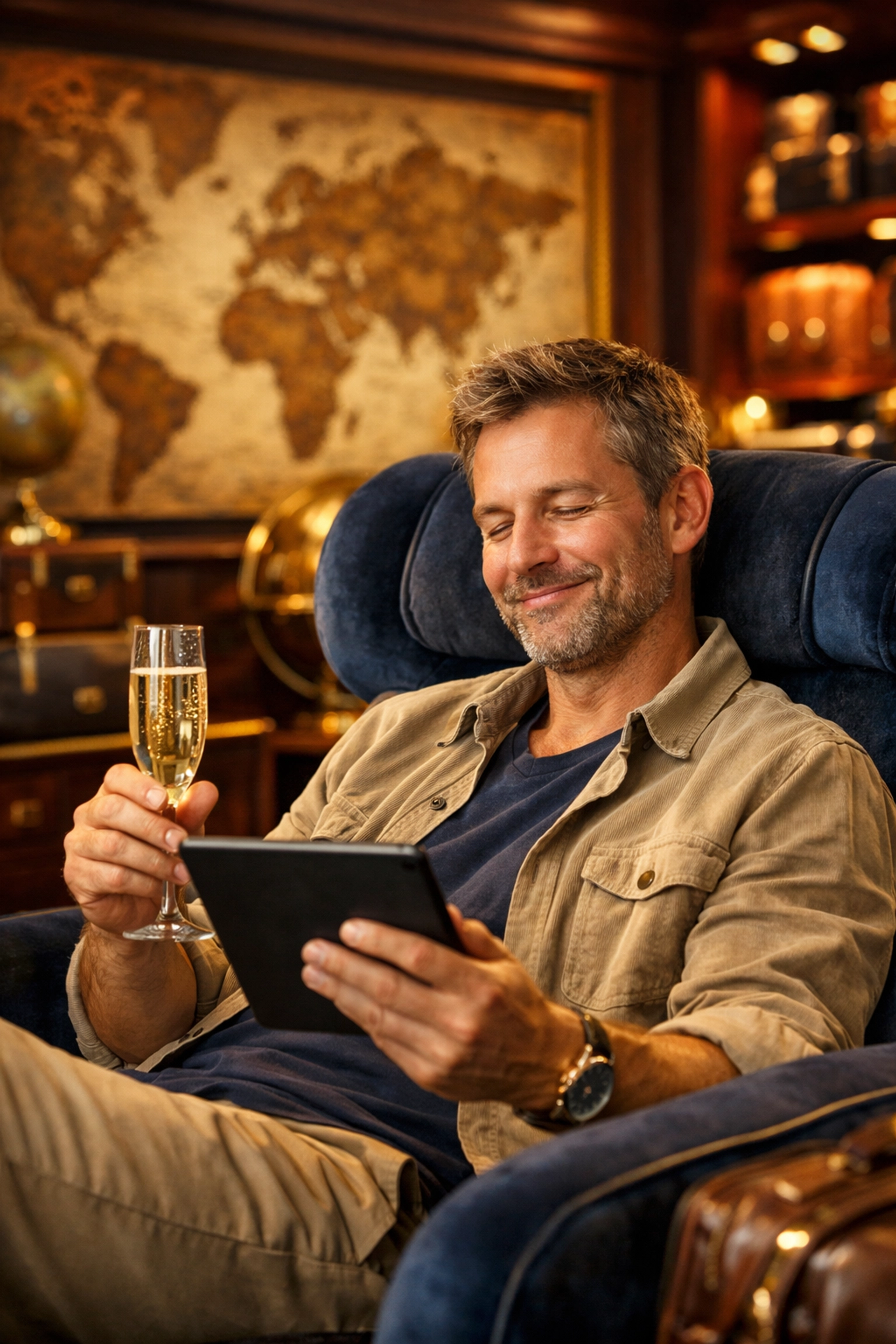 A warm, inviting photograph of a traveler relaxing in a luxury lounge chair, looking at a digital tablet with a look of complete peace and relief. They are holding a sparkling glass of champagne. In the soft-focus background, a vintage wall map and a high-end travel boutique setting suggest expert curation. The colors are rich and saturated: deep mahogany, gold accents, and velvet blues: evoking a sense of 'VIP treatment' and expert support.