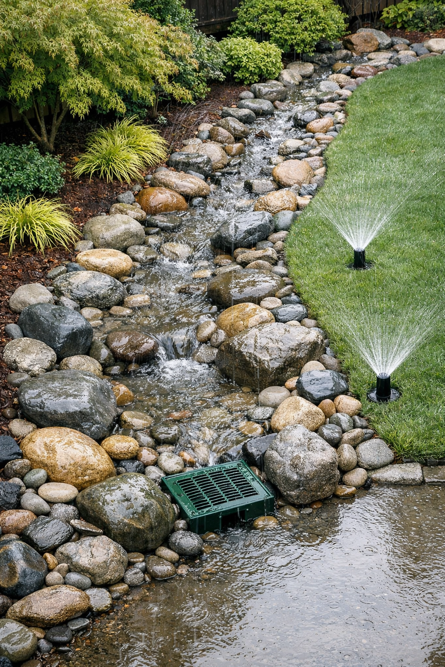 Advanced drainage system and dry creek bed designed to manage runoff and protect your lawn.