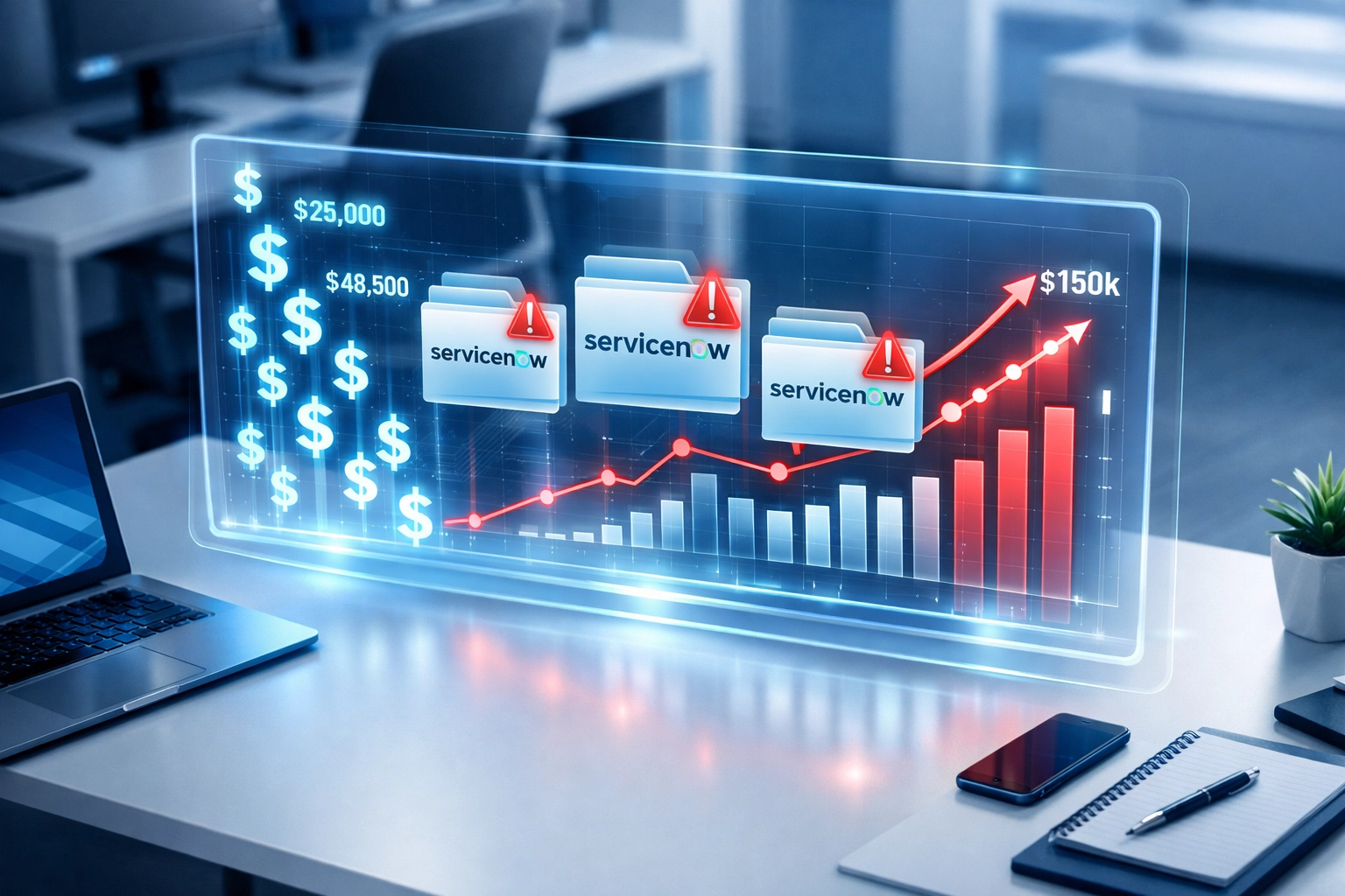 ServiceNow hidden costs dashboard showing rising expenses and license audit warnings
