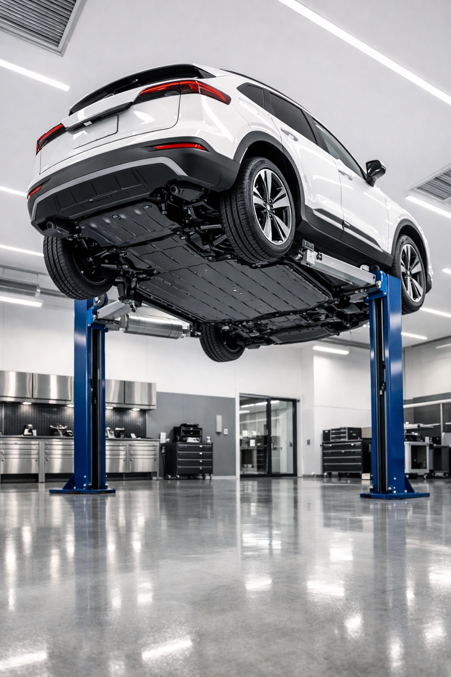 Electric vehicle on a hydraulic lift showing a professional Dinitrol rustproofing treatment.