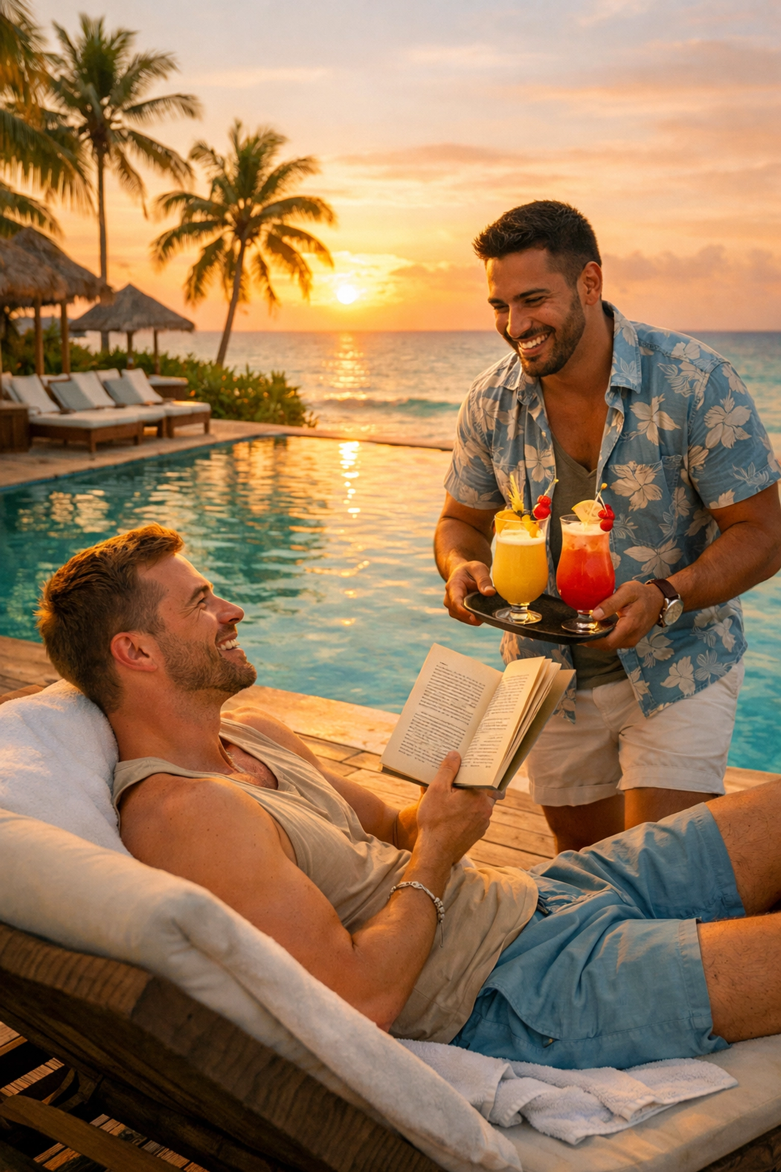 Gay couple relaxing poolside at LGBTQ-friendly Caribbean resort with ocean views