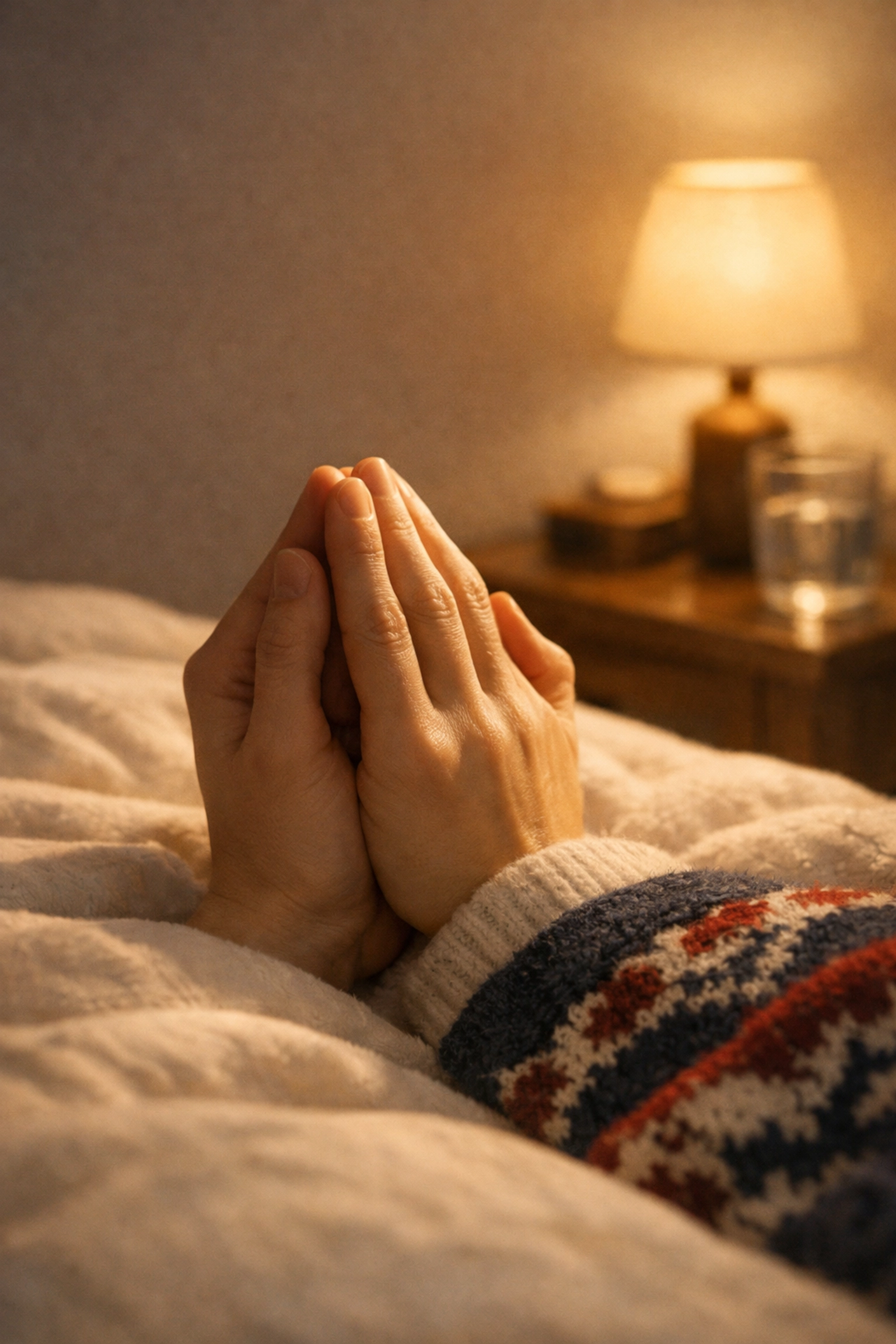Hands folded in prayer on bed for peaceful nighttime rest and sleep
