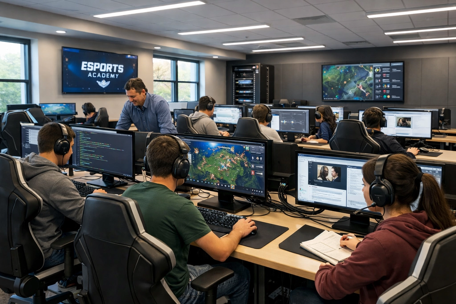 High school esports learning facility with professional gaming stations for student education programs