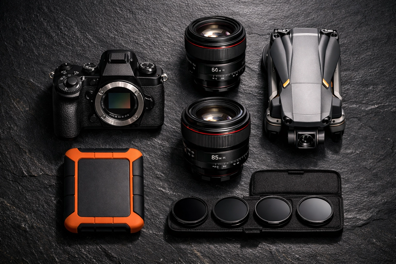 Top-down view of essential photography gear including a camera, lenses, and a drone.