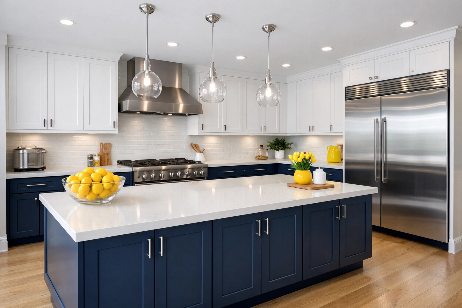 A modern residential kitchen after a professional deep cleaning service showing polished surfaces and cabinets.