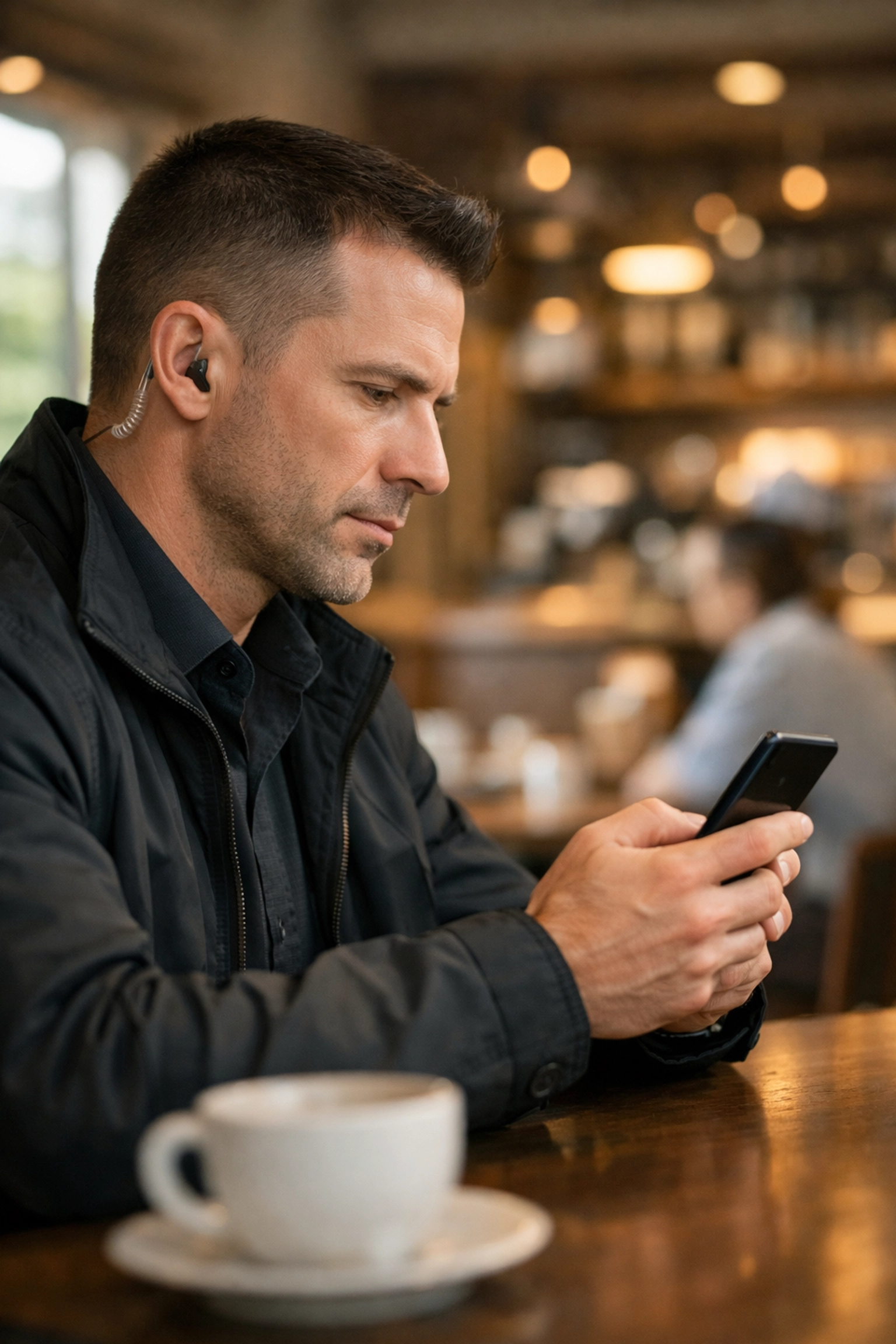 Low-profile security operative monitoring client safety in Medellin café