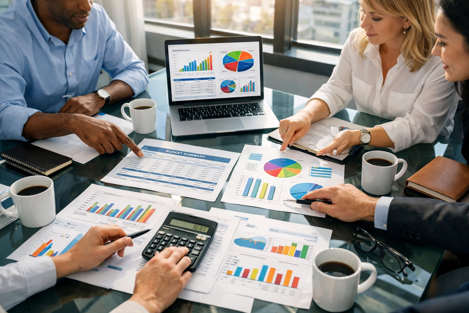 Business team planning ServiceNow implementation budget with financial charts and spreadsheets