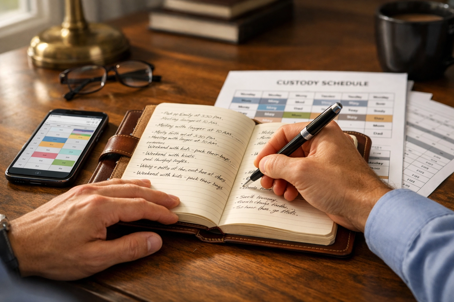 Parent documenting Virginia custody order violations with calendar and legal schedules