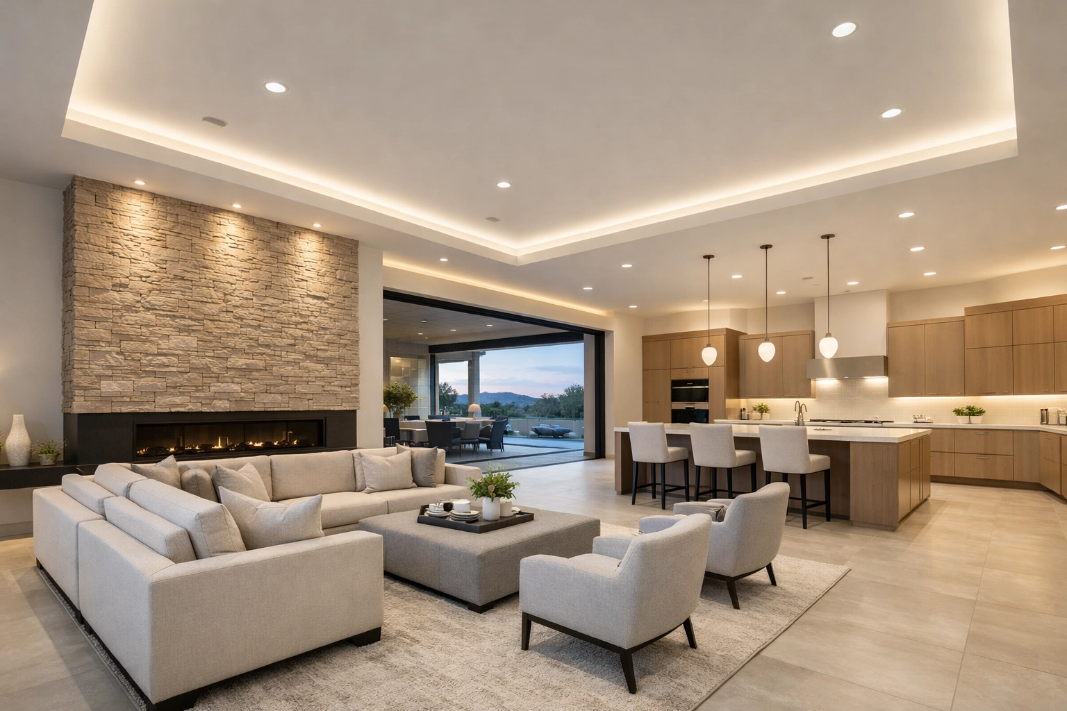 Professionally layered lighting design in a luxury open-concept Phoenix living room.