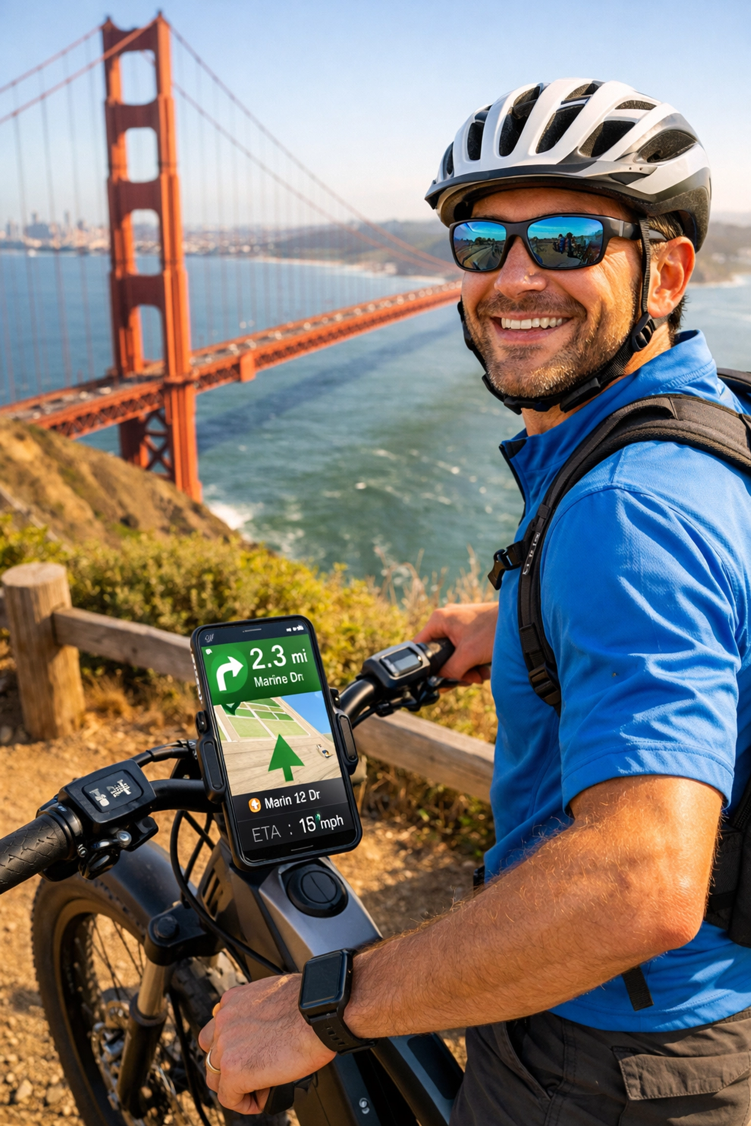 Cyclist using gps navigation on electric bike near golden gate bridge overlook