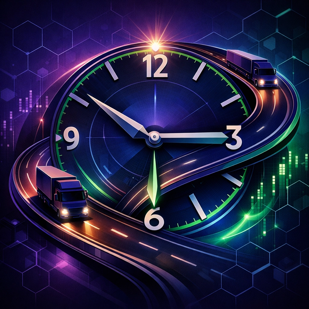 24/7 logistics motorway illustration highlighting steady HGV driver jobs in Manchester and Liverpool.