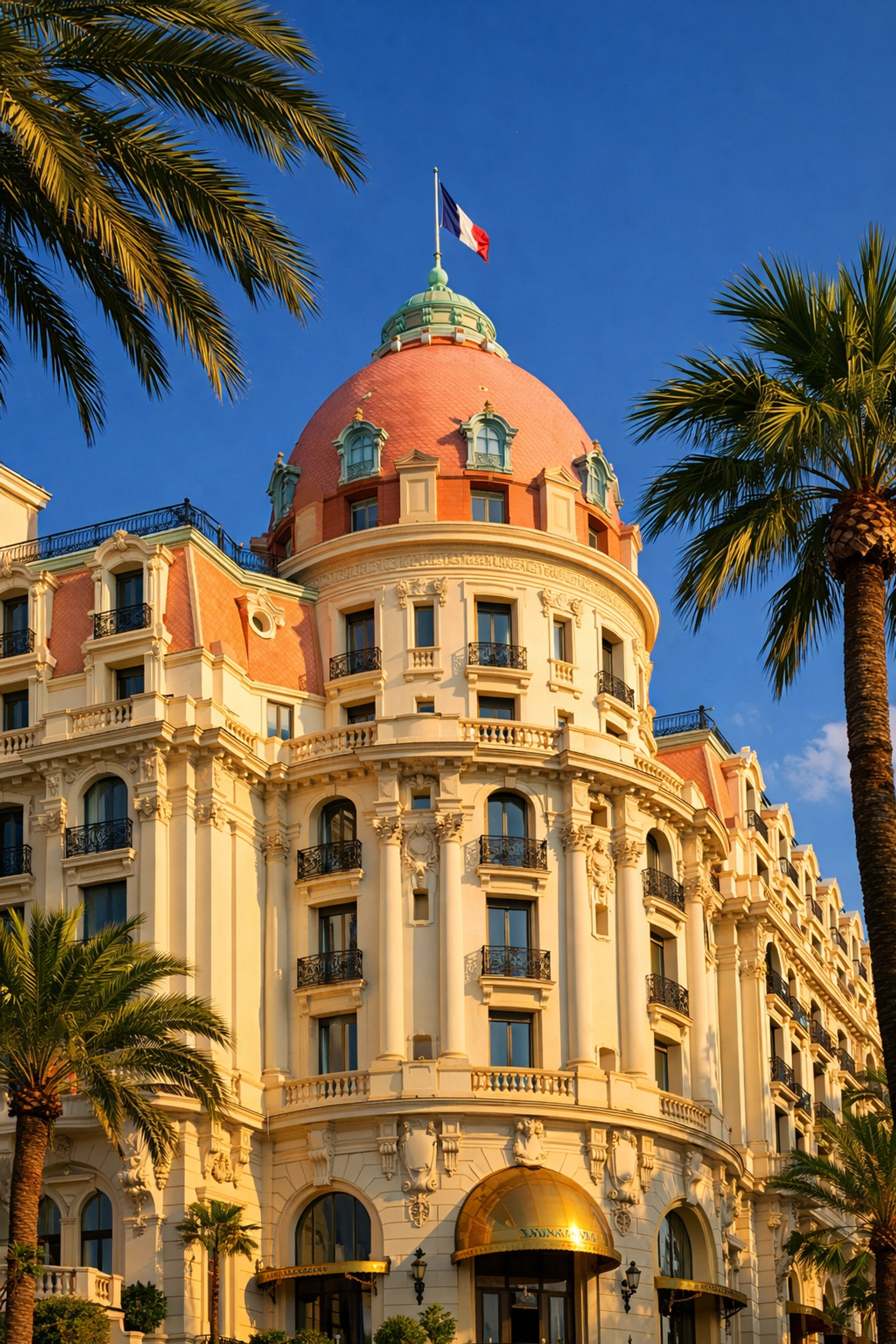 Luxury Belle Époque Hotel Negresco with iconic pink dome on Nice waterfront