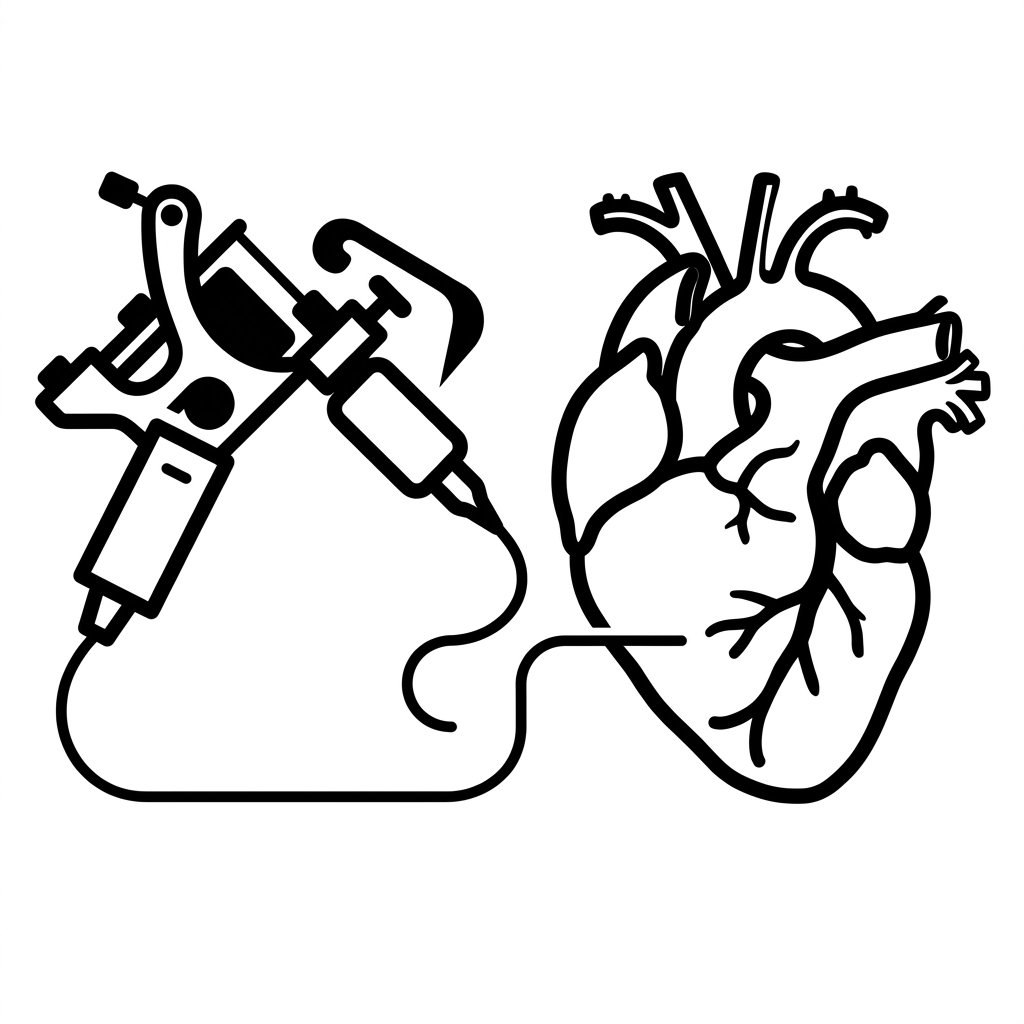 Minimalistic icon of a tattoo machine and a human heart connected by a clean line