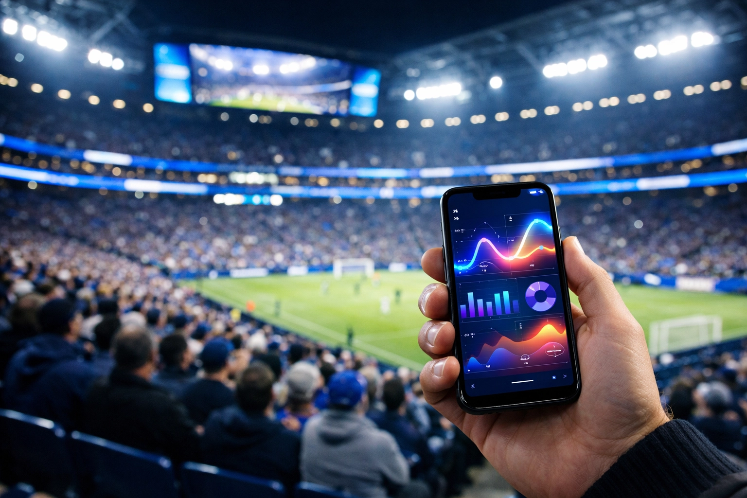 A fan using a smartphone for digital media interaction and sponsorship activation at a global sports venue.