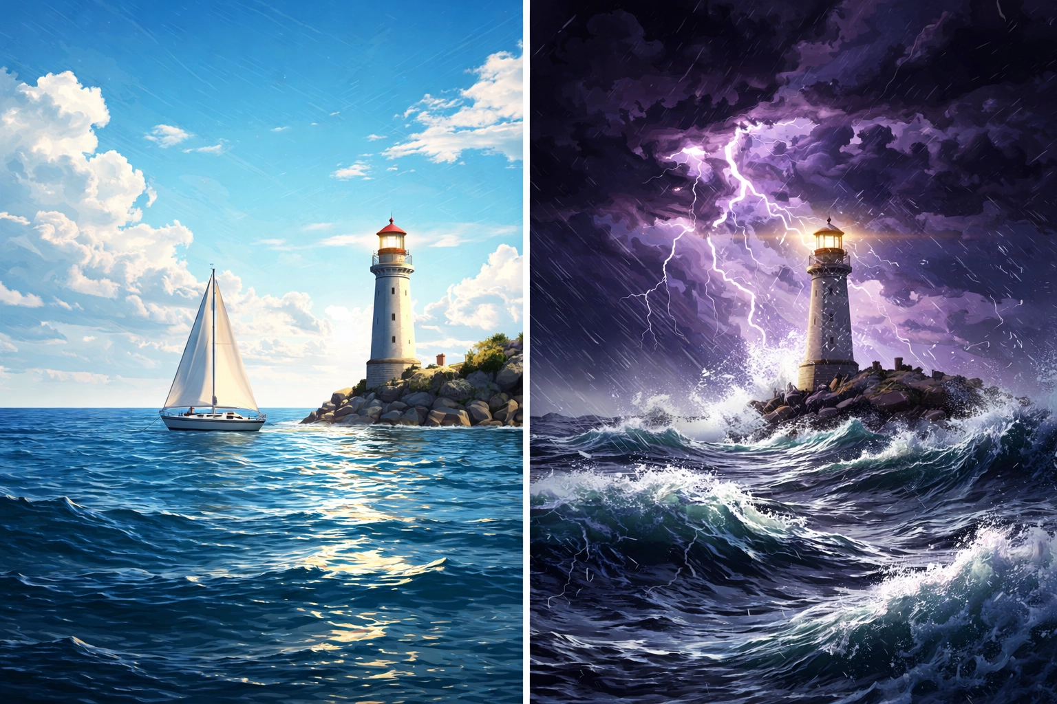 Calm and stormy ocean scenes showing how alternative investments provide stability during market volatility