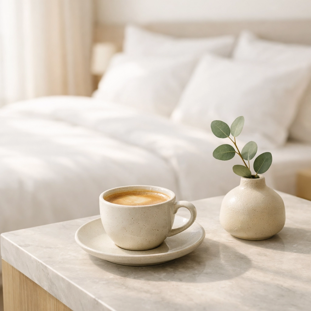 Minimalist hotel suite interior featuring personalized amenities like artisanal coffee for a tailored guest stay.