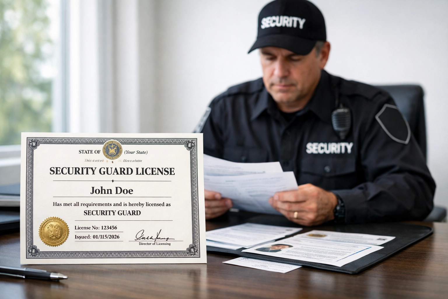 Security guard reviewing state license documents and certificates at desk